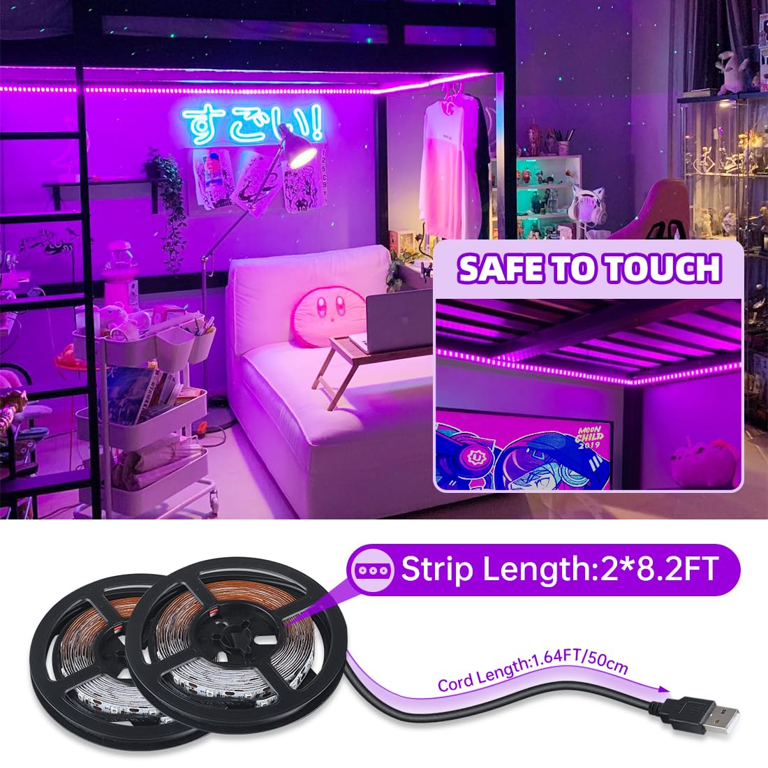 16.4FT Black Light Strip with USB Plug + Battery Box, Adhesive 300LEDs Blacklight Fixture, Battery & USB Operated for Glow Neon Party Birthday Glass Cabinet Fluorescent Poster Fishing Boat