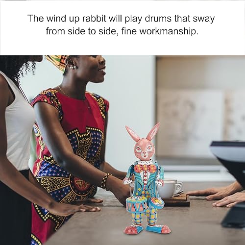 Miniatura 4 de Juguete de lata de conejo para enrollar, lindo juguete de relojería, baterista oscilante para caminar, juguete de metal, recuerdo de fiesta, juguete
