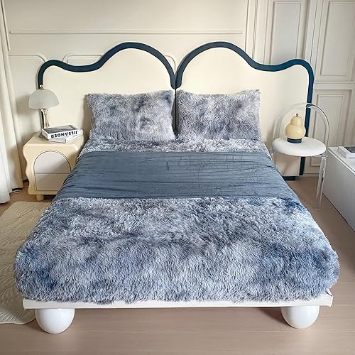 chovy Juego de sábanas de 4 piezas de pelo sintético teñido anudado negro y blanco con bolsillos profundos, juego de sábanas mullidas de franela de