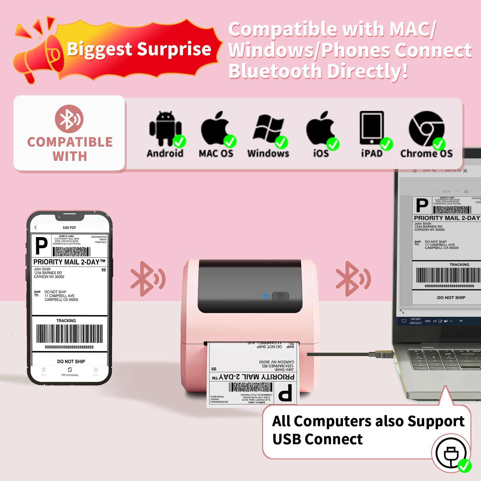 ASprink Stampante per etichette per il trasporto termico Bluetooth 4x6 - Stampante per etichette termiche wireless per imballaggi di trasporto e piccole imprese, compatibile con USPS, shopify, Ebay