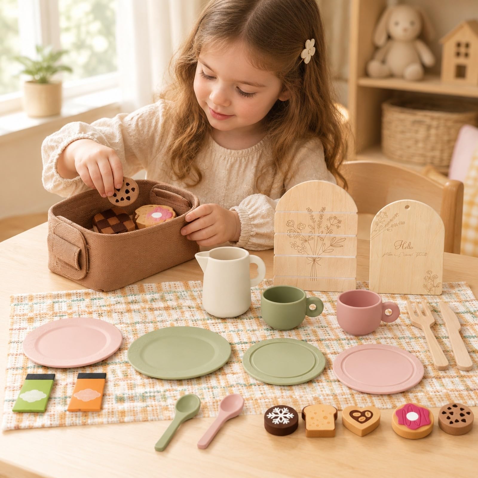 Set da tè Giocattolo con Accessori da Pranzo Pieghevole Set tè in Legno con Pezzi in Feltro Robusto per Area Giochi