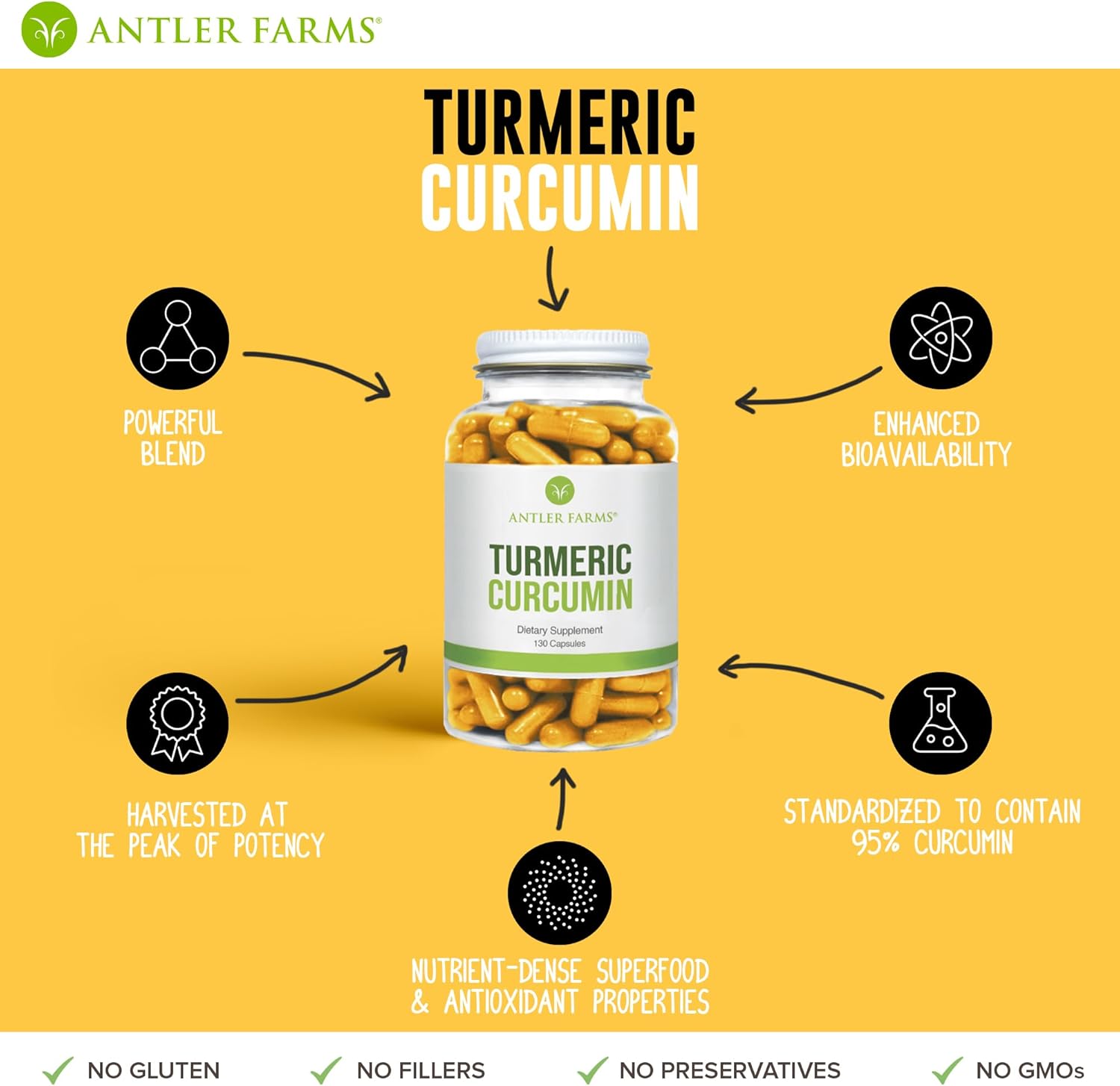 Antler Farms – 100% Pure Turmeric Curcumin, 130 Capsules, 95% Curcuminoids & Black Pepper Extract, Enhanced Absorption – Vegan, Non GMO, No Gluten, Soy or Dairy