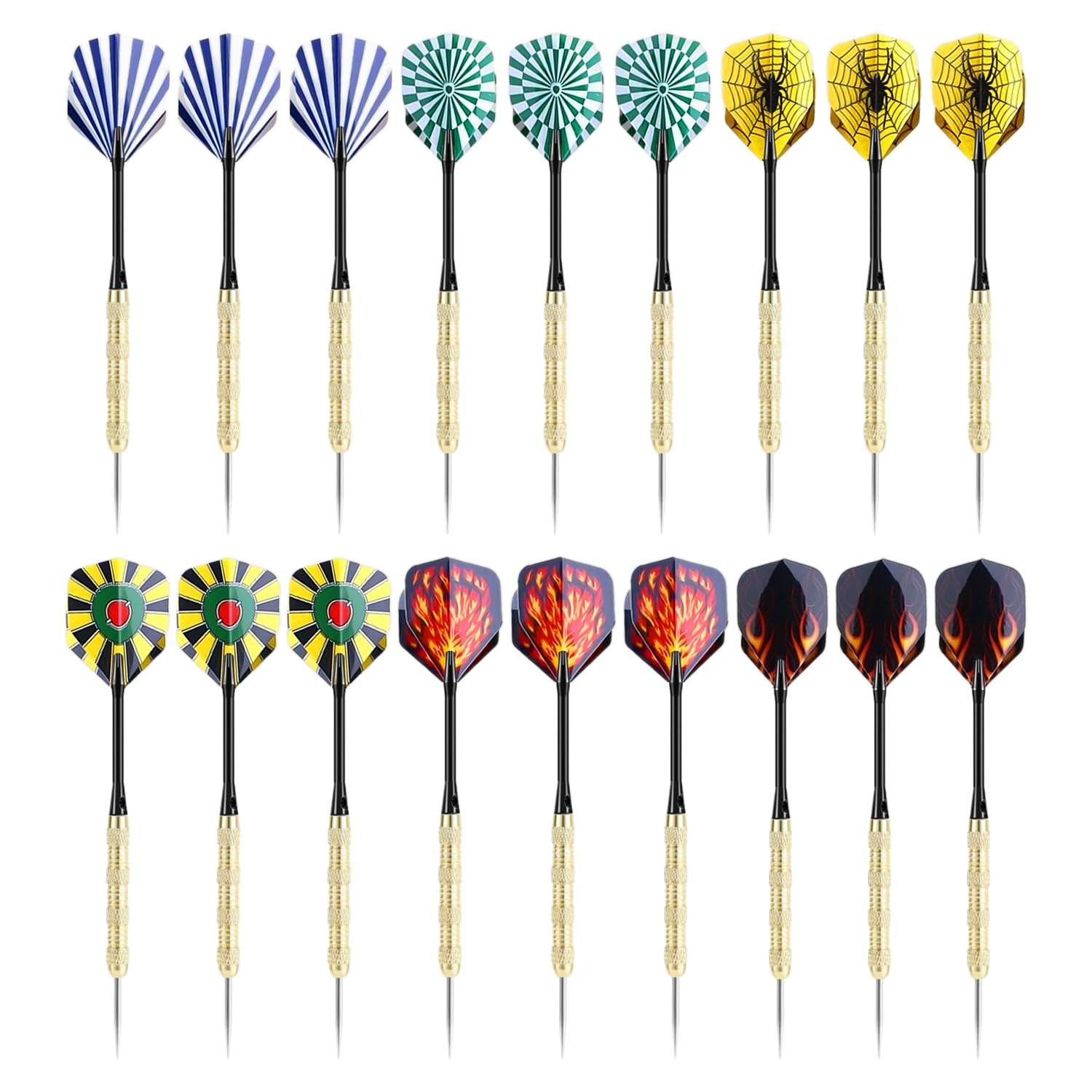 Fléchettes cuivrées avec pointe en acier, tige métal, cible métal, multicolores, lot de 18