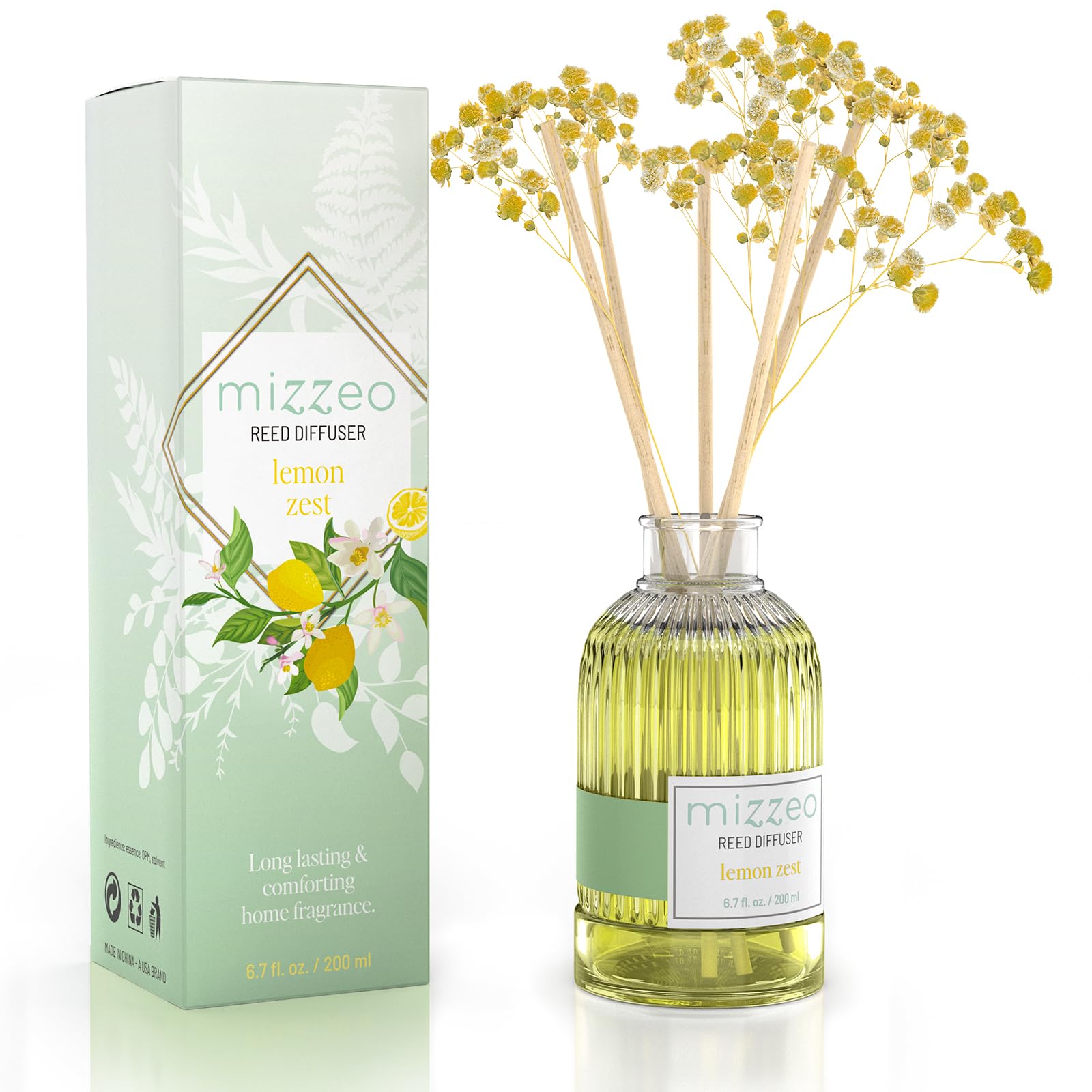 MIZZEO Reed Diffuser Set, Lemon Zest 6.76 fl oz Highly Scented Room Diffuser Home Fragrance Essential Oil Reed Flower Diffuser, House Bedroom Office Decor & Gifts