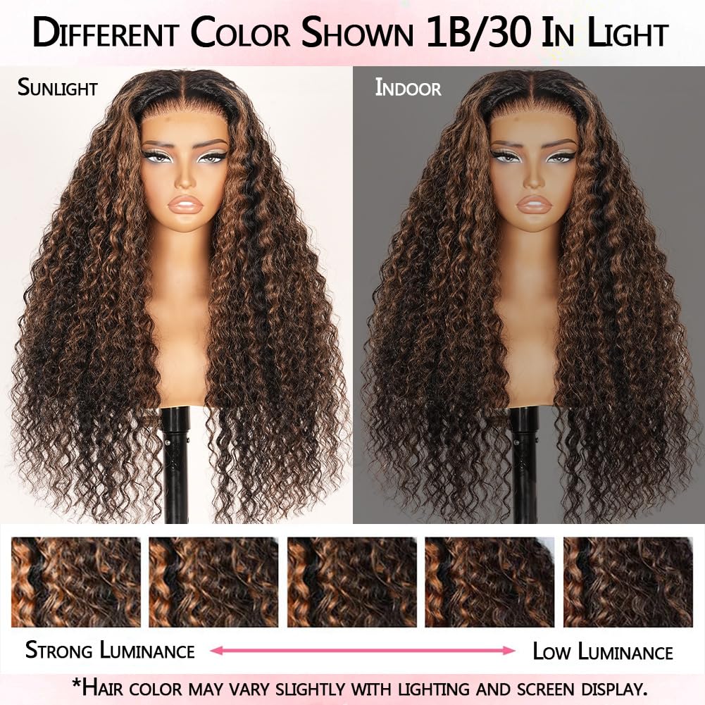 7x5 Balayage Highlight Lace Front Wig Human Hair Pre Plucked Pre Cut HD Lace Glueless Wigs 210% Density Deep Wave Lace Front Wigs 28 Inch Ombre FB/30 Wear Go Drawstring Wigs for Women