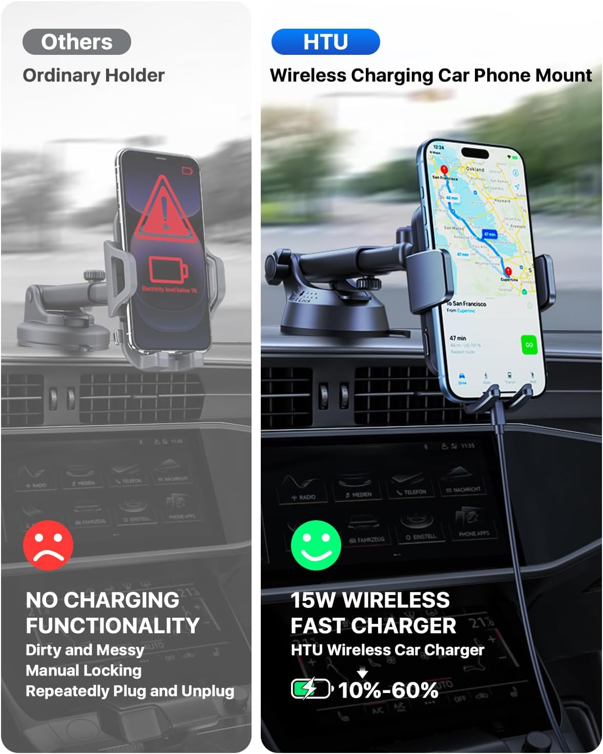 Wireless Car Charger, 15W Fast Charging Auto Clamping Car Charger Phone Mount Phone Holder fit for iPhone 17 16 15 14 13 12 Pro Max 11 SE XR XS for Samsung Galaxy S25 Ultra S24 S23,Black