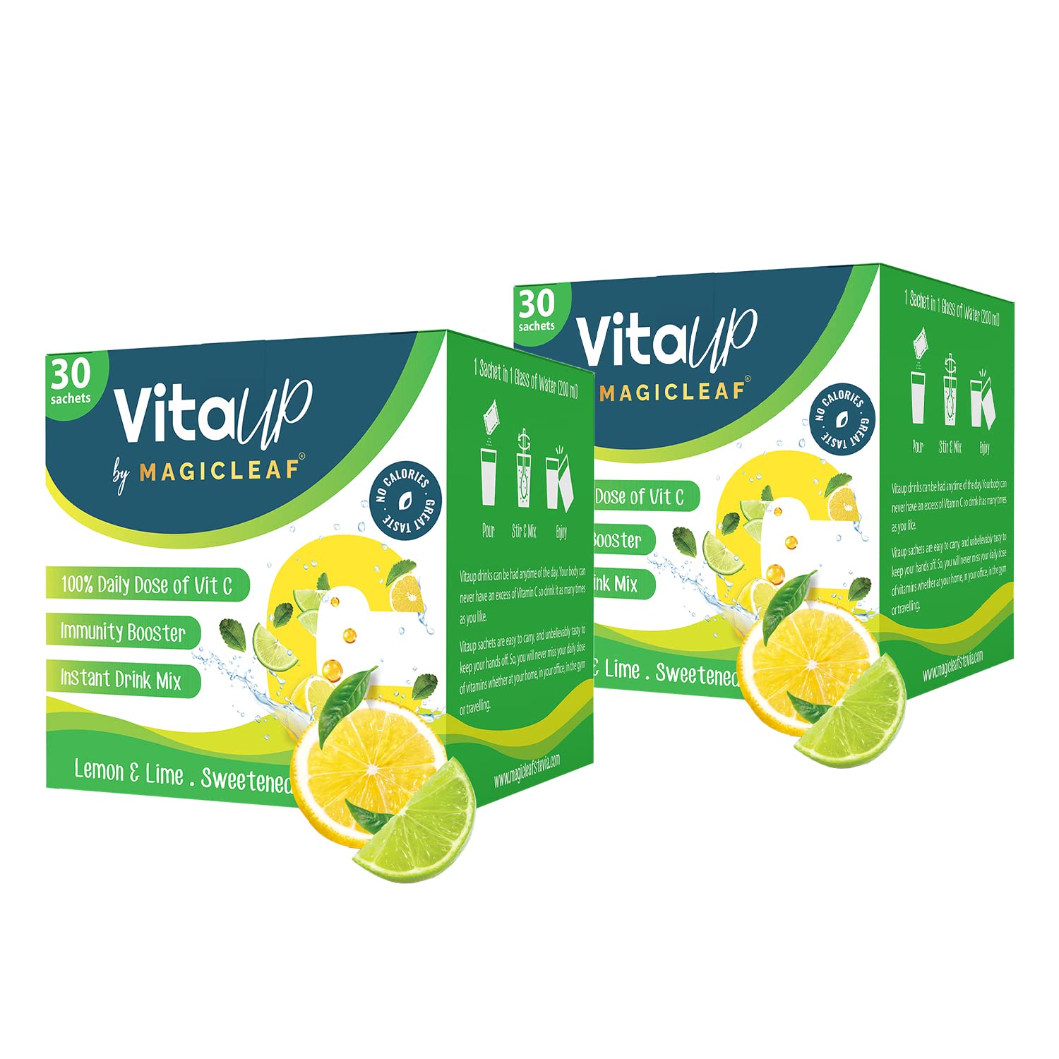 Magic Leaf Stevia VitaUp to Boost Immunity and Skin Health, Lemon, Vitamin C Powder, 100% Natural Sweetened with Stevia, Safe for Diabetic Patients & Kids, Pack of 2 (30 Sachets Each) (B0B6NV5VL5) Amazon Price History, Amazon Price Tracker