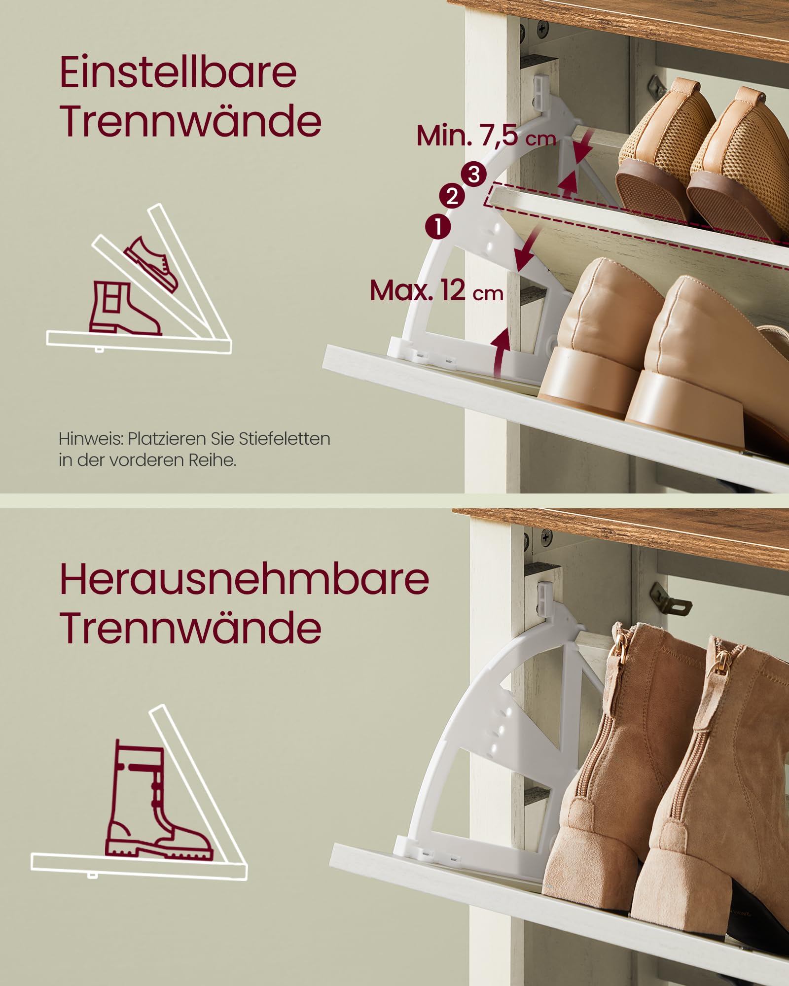 VASAGLE LIRY Kollektion - Schuhschrank 3 Klappen, Schuhkipper, freistehendes schmales Schuhregal, für Eingangsbereich, Landhausstil, für 18-24 Paar Schuhe, vintageweiß HSC301W02