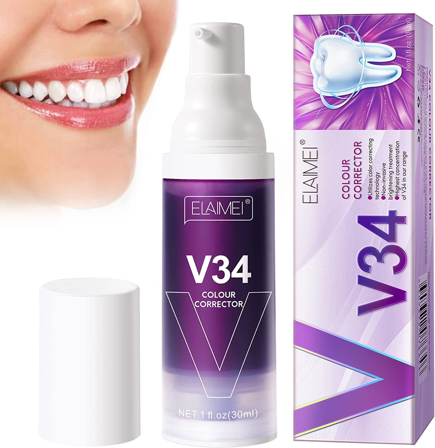 Teeth Whitening V34+ Colour Corrector Purple Toothpaste for Teeth Whitening, Plaque Remover for Teeth, V Teeth WHITENING Strips. Stain Remover, Sensitivity & Formula for a Bright Smile
