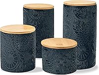American Atelier Embossed 4-Piece Ceramic Canister Set with Wooden Lids - Stylish Blue Storage for Flour, Sugar, Coffee & Snacks