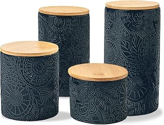 American Atelier Embossed 4-Piece Ceramic Canister Set with Wooden Lids - Stylish Blue Storage for Flour, Sugar, Coffee & Snacks