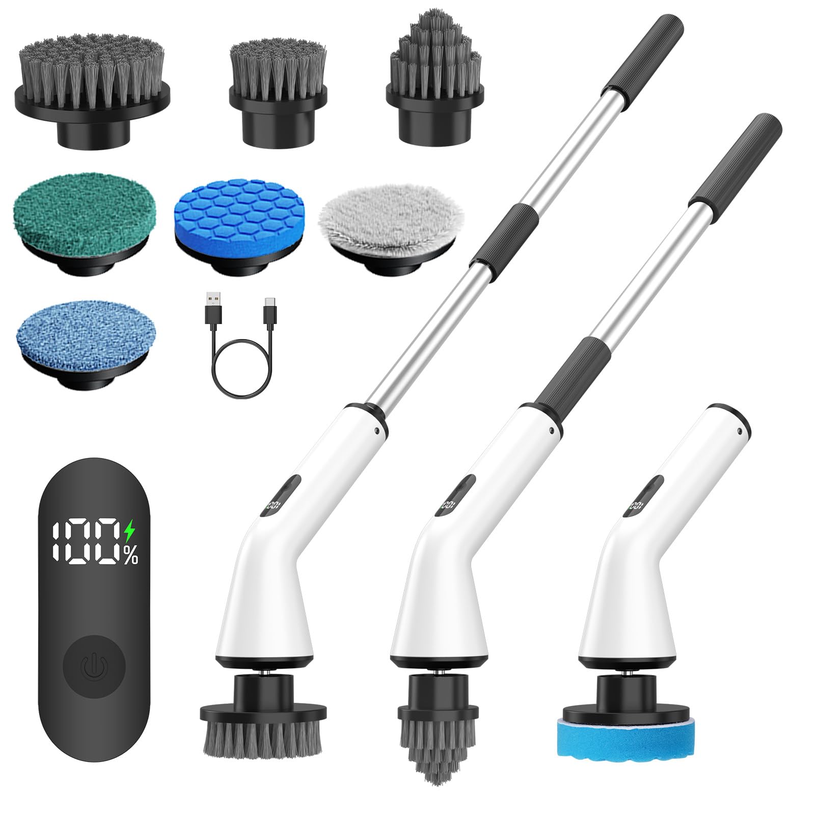 Electric Spin Scrubber with Long Handle | IPX7 Waterproof Power Cleaning Brush for Bathroom & Car,7-in-1 Cordless Power Scrubber for Shower Tub Tile Grout Floor Kitchen Sink Wheel Cleaning