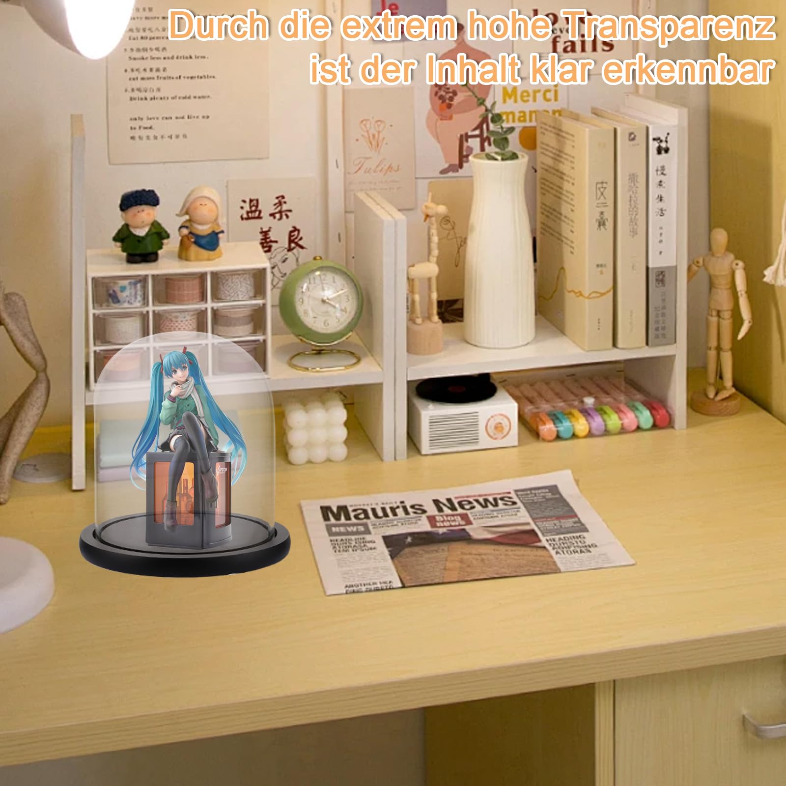 Campana de cristal transparente 17 cm con tapa y base de madera para decoración