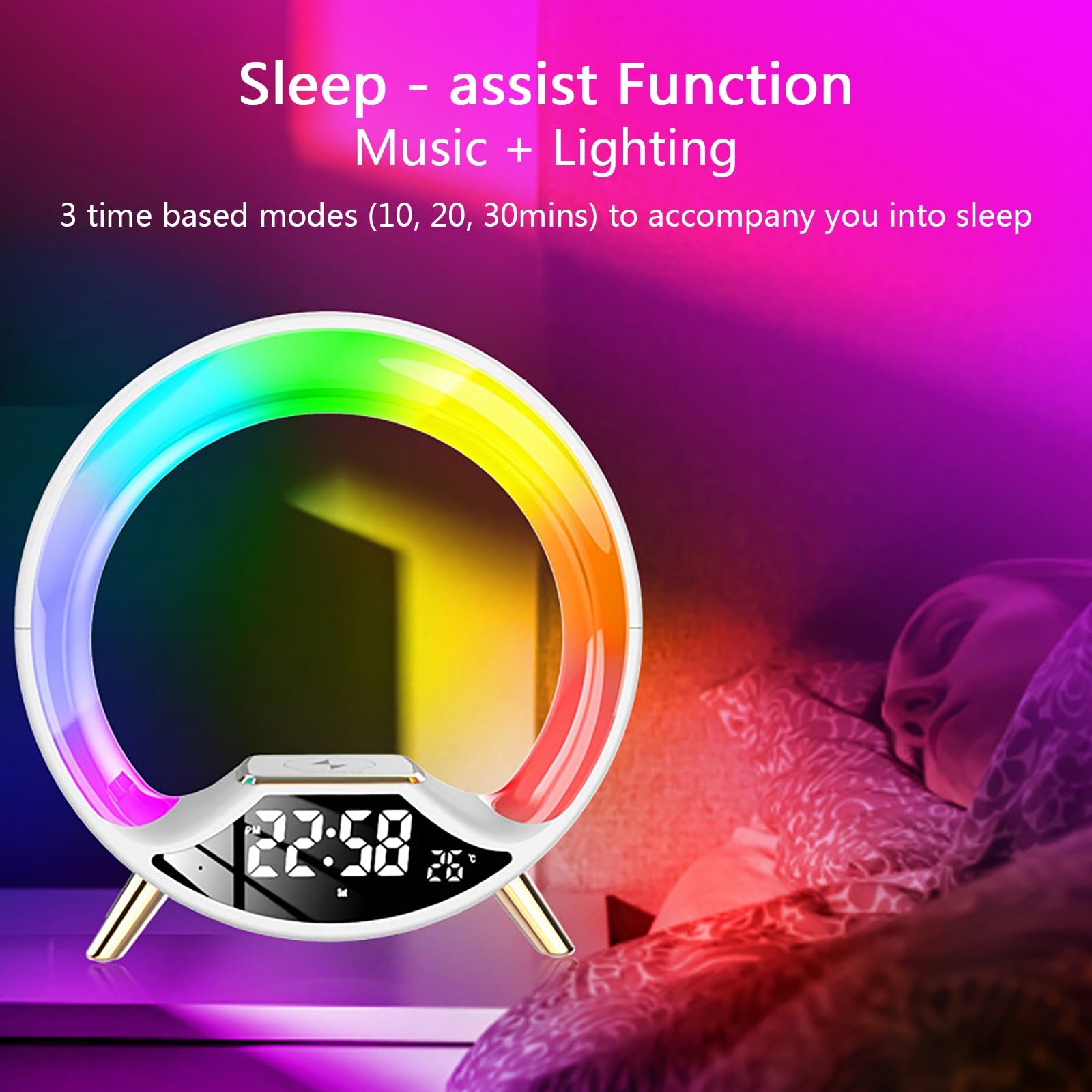 Sveglia Simulazione Alba con Ricarica Wireless 15W & Altoparlante Bluetooth, Luce Atmosferica RGB, Aiuto Al Sonno, Orologio Digitale per Camera Da Letto, Sala Gaming (3 Colori)(Black)