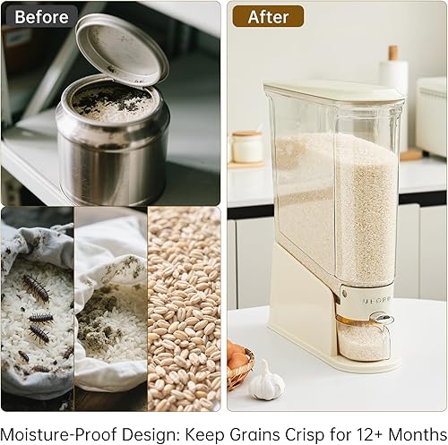 Miniatura 6 de Dispensador de arroz de 11 libras, recipiente de almacenamiento de arroz delgado para espacios pequeños, dispensador de alimentos secos transparente