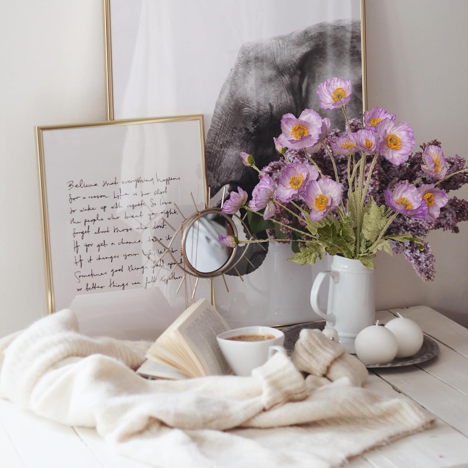 Artificial Flowers 5Pcs Poppies Flowers Artificial Silk Flowers for Home Office Wedding Outdoor Decor (Light Purple) - Image 2