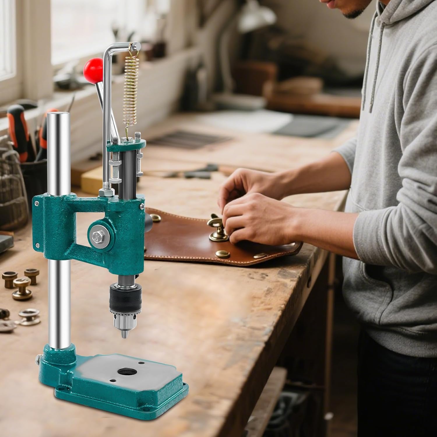 Manual Press Puncher Punch Tools, Leather Imprinting Machine, Heavy Duty Hand Punching Machine with Ergonomic Handle & Work Table, Leather Hole Punch Tool for Belt Wallet Shoes Making