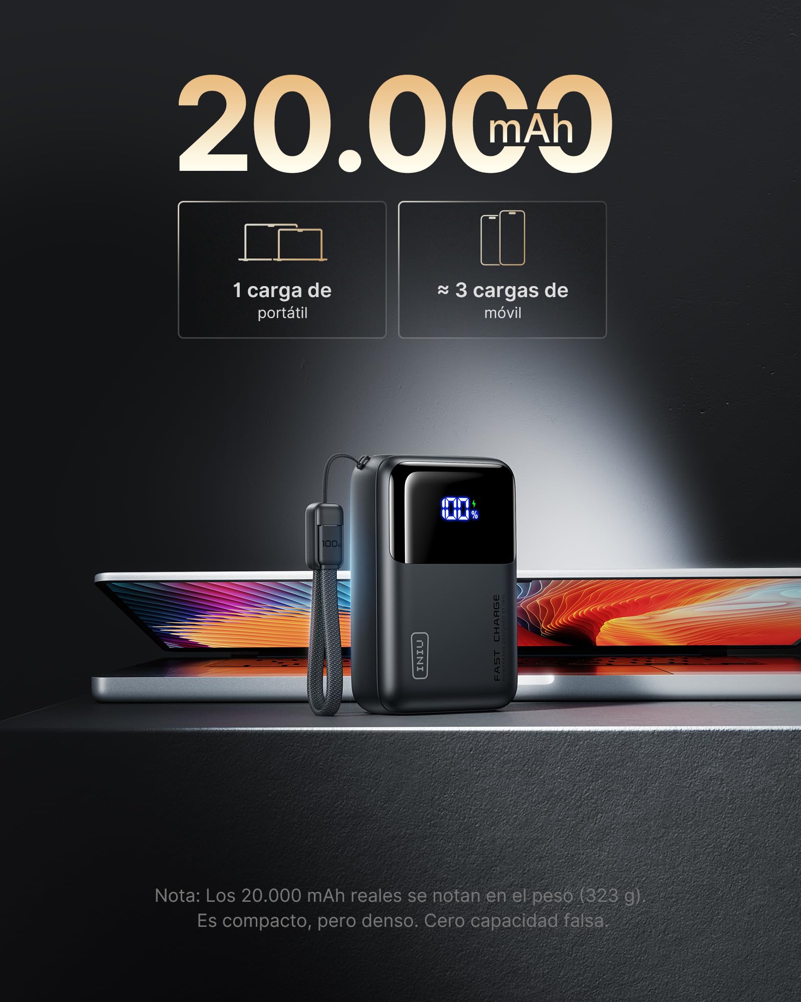 INIU Laptop Power Bank, Pequeño 20000mAh 65W Carga Rapida Batteria Externa | Cable USB C Desmontable, Apto para Avión de Viaje, Bateria Portatil para MacBook, Steam Deck, iPhone 17 Samsung S26, iPad etc