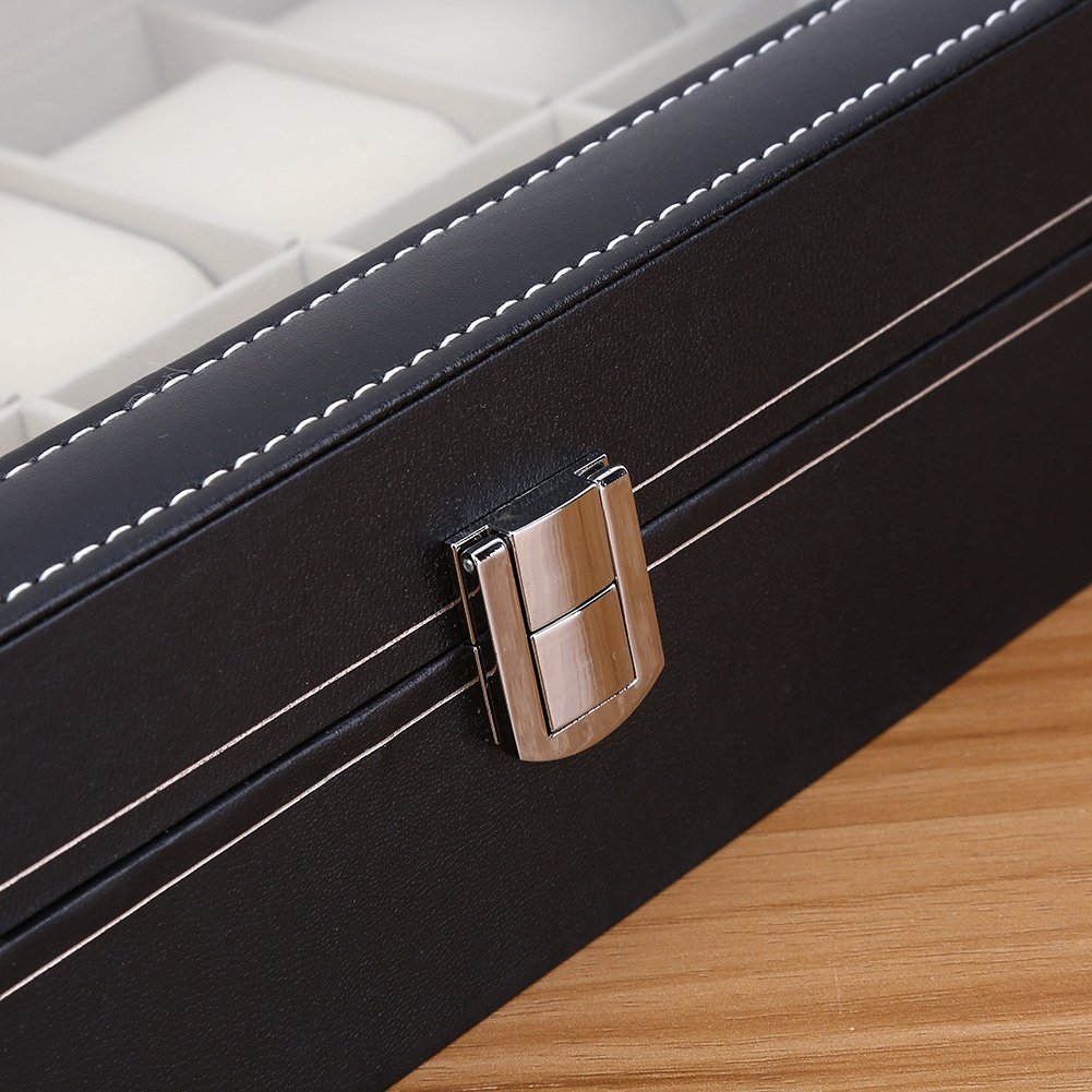 Caja de reloj de 12 ranuras con tapa de vidrio grande y almohadas de reloj extraíbles, organizador de relojes para hombres y mujeres