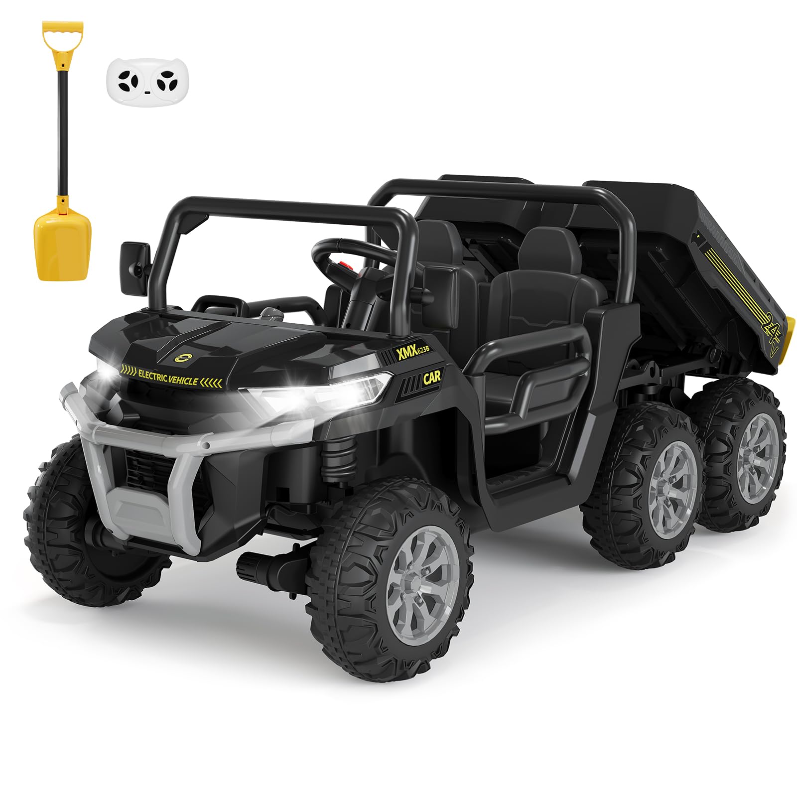 Hetoy 24V 2-Seater Ride On Dump Truck with Parent Remote Control, 4WD 6-Wheel Electric Car for Big Kids, UTV Style Dump Bed & Music Horn, ASTM/CPSIA Certified (Ages 3+)