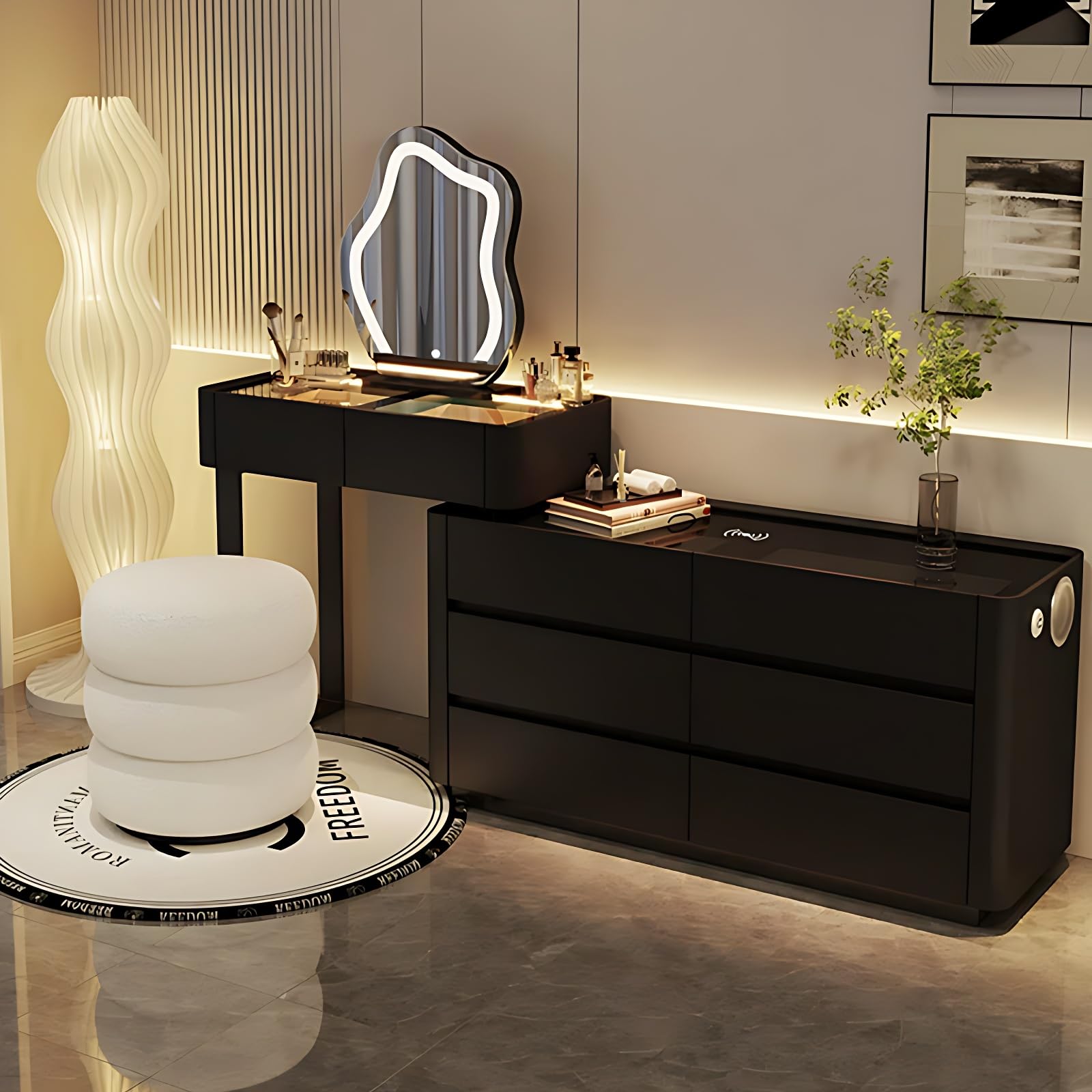 ZGNBSD Vanity Set with Drawers - Smart Vanity Table with Charging Station & Speaker | Solid Wood Luxury Bedroom Vanity | Includes LED Makeup Mirror