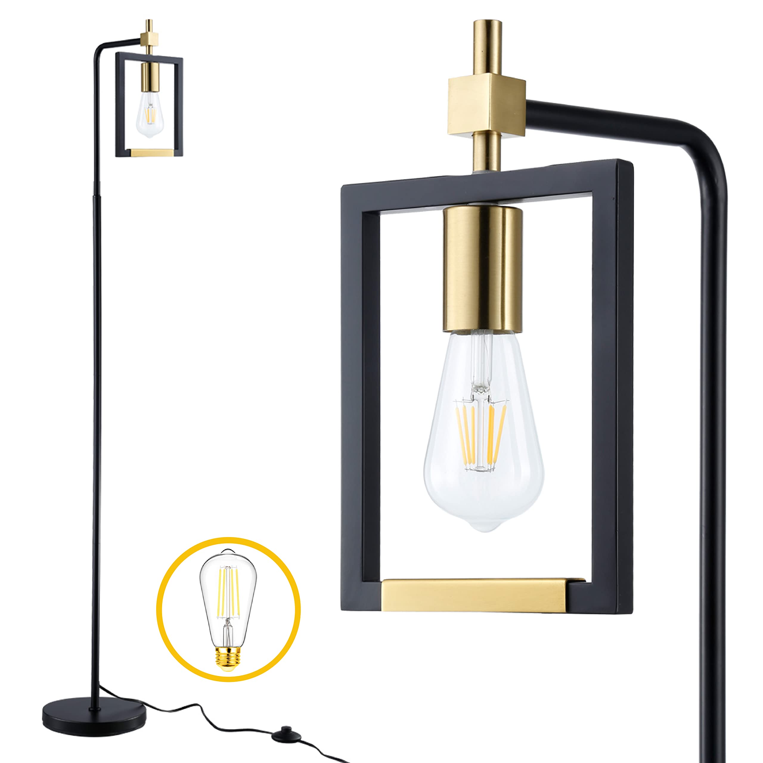 HamilyeahIndustrial Floor Lamp for Living Room, Mid Century Standing Lamp for Bedroom, Farmhouse Black and Gold Tall Lamp for Office, Stand up Lamp with Pedal Foot Switch, Edison E26 Bulb Included