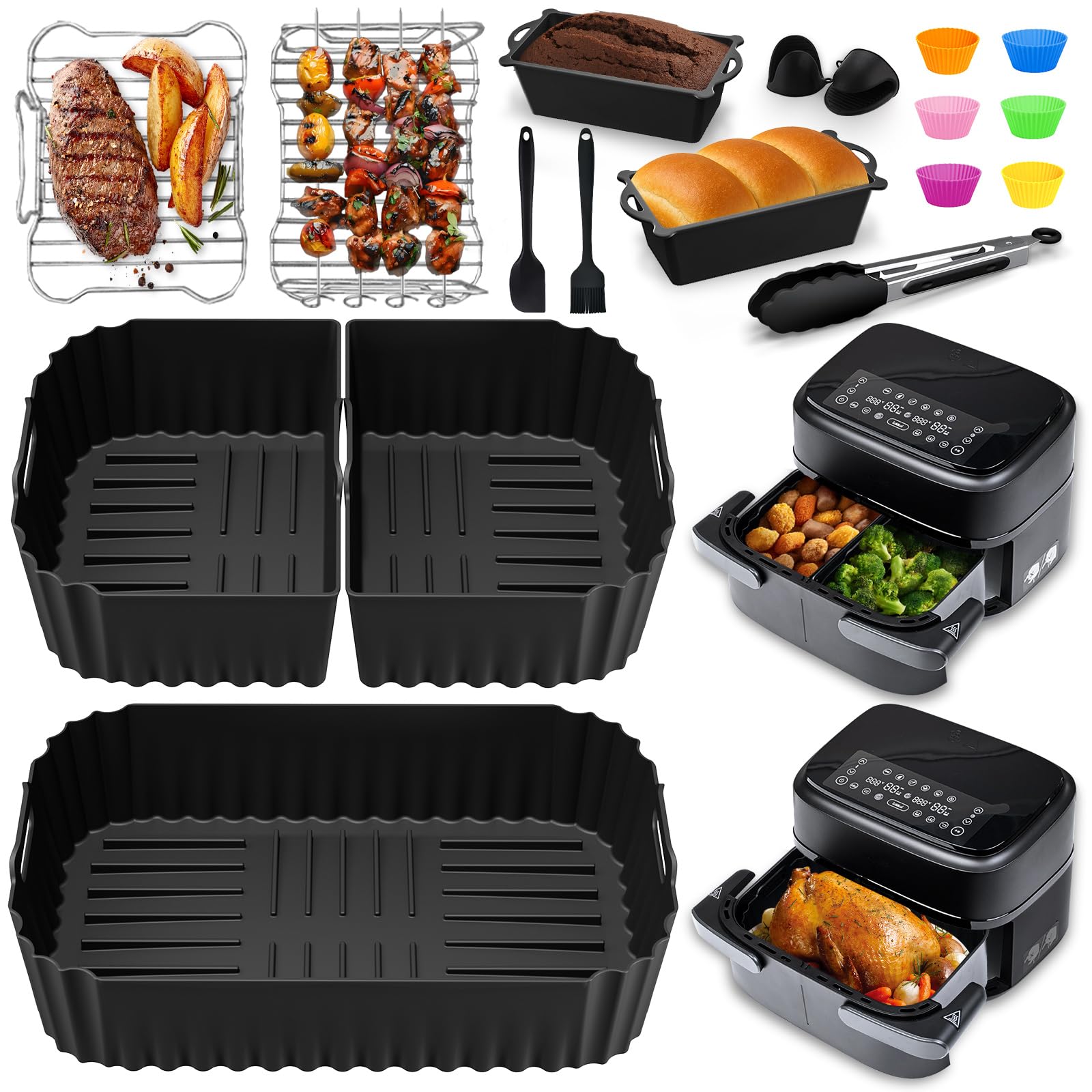 Heißluftfritteuse Zubehör für Philips Dual Flexbasket Airfryer 1000 Series 7,1L, 3Pcs Maßgeschneiderte Airfryer Silikonform Zubehör - Grillrost, Kuchen Brotform, für Philips Airfryer NA154/00 7,1L