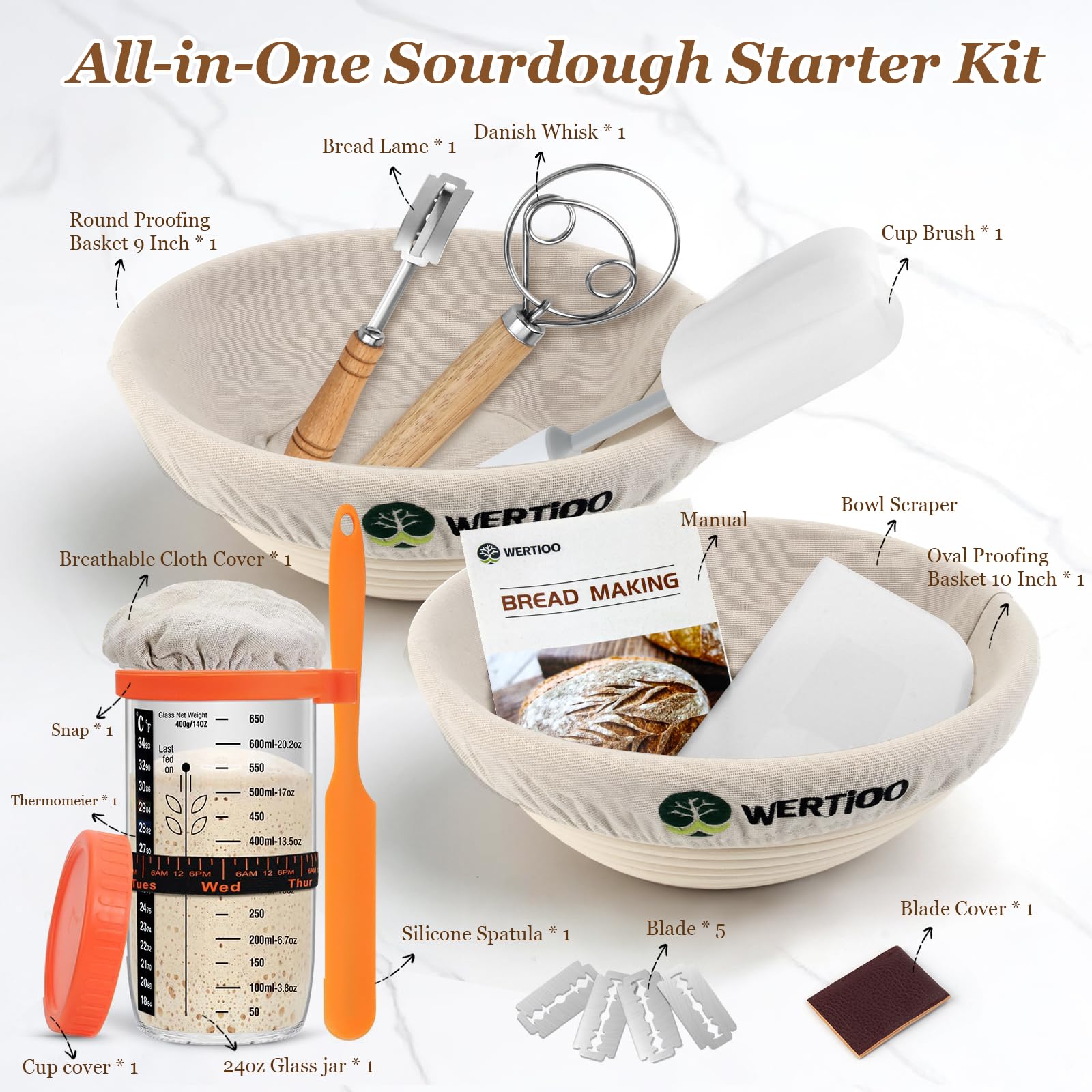 Sauerteig-Brotbackzubehör, Sauerteig-Starter-Set, 22,9 cm, runder Banneton-Brotgärkörbchen mit 680 ml Glas, Sauerteig-Werkzeuge mit dänischem Teigbesen und Schaber