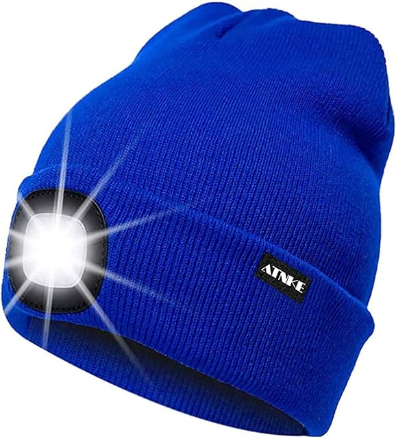ATNKE LED Lighted Beanie Cap,USB Rechargeable Running Hat Ultra Bright 4 LED Waterproof Light Winter Warm Headlamp Gifts for Men and Women