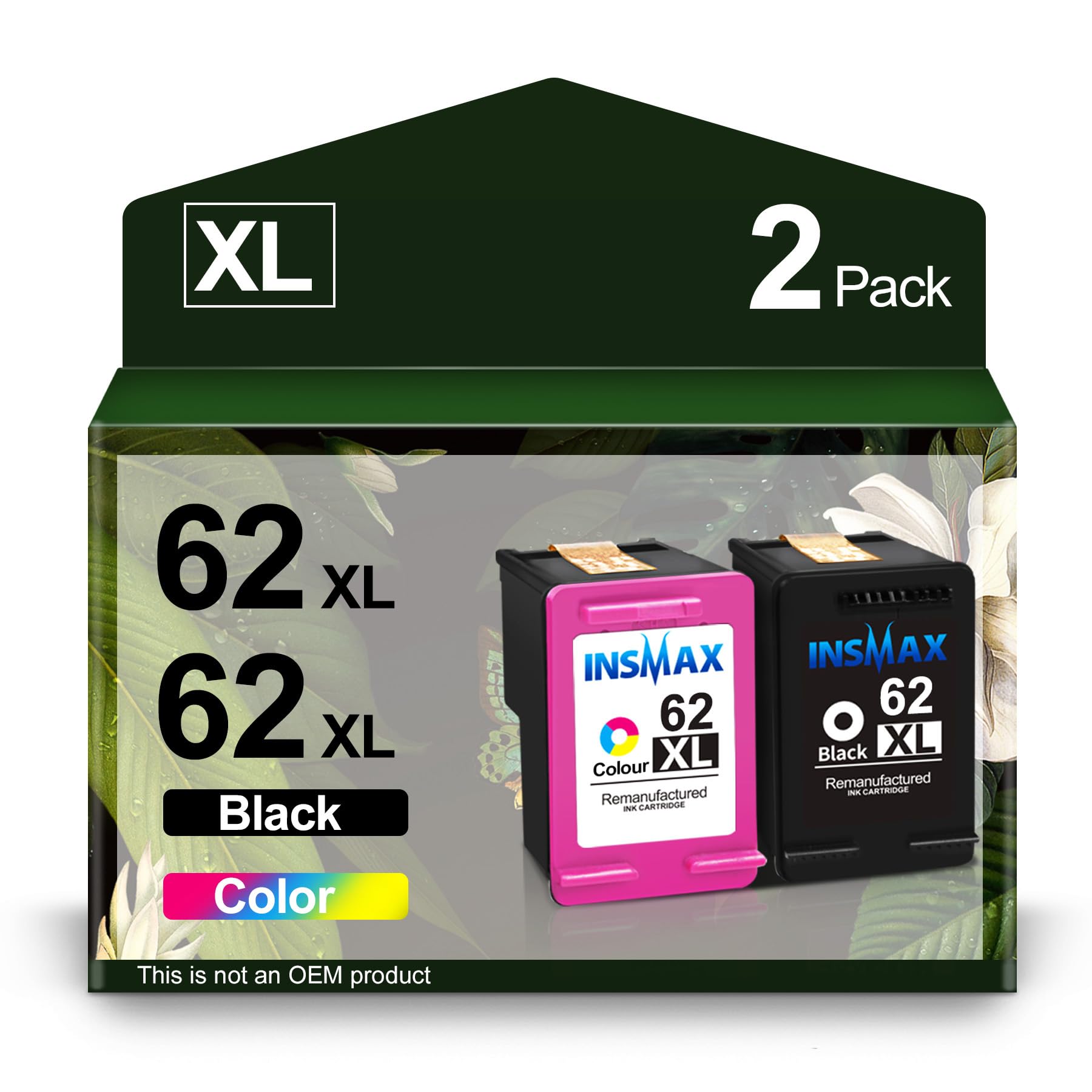 Photo 1 of INSMAX 62XL Ink Cartridge Combo Pack Replacement for HP 62 XL 62 Ink Work for Envy 5540 7645 OfficeJet 5740 250 200 Series Printer (1 Black, 1 Tri-Color)