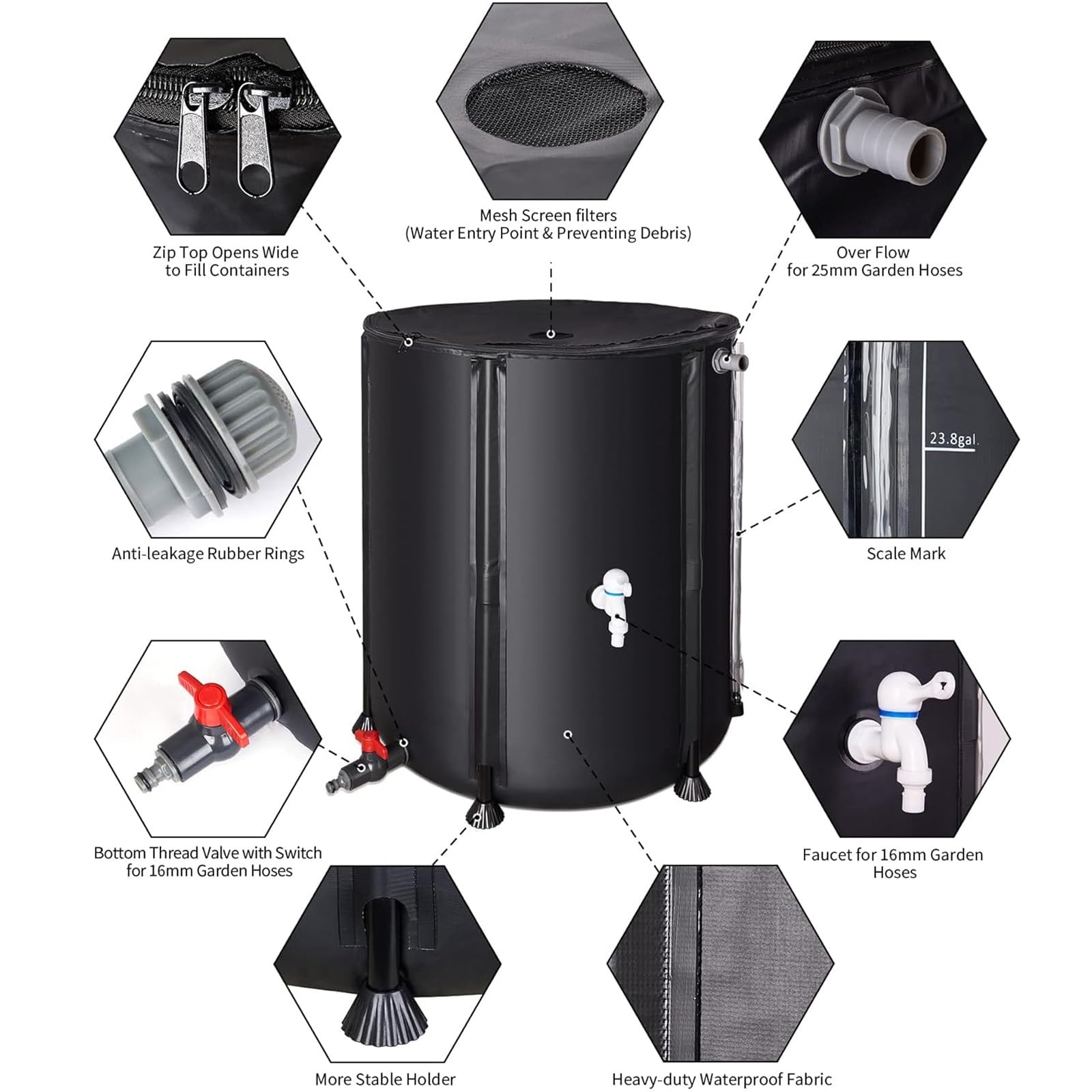 Serbatoio per la Raccolta dell'Acqua piovana Pieghevole ed Ecologico da 1000 Litri, Portatile per Giardino e Patio (Nero).