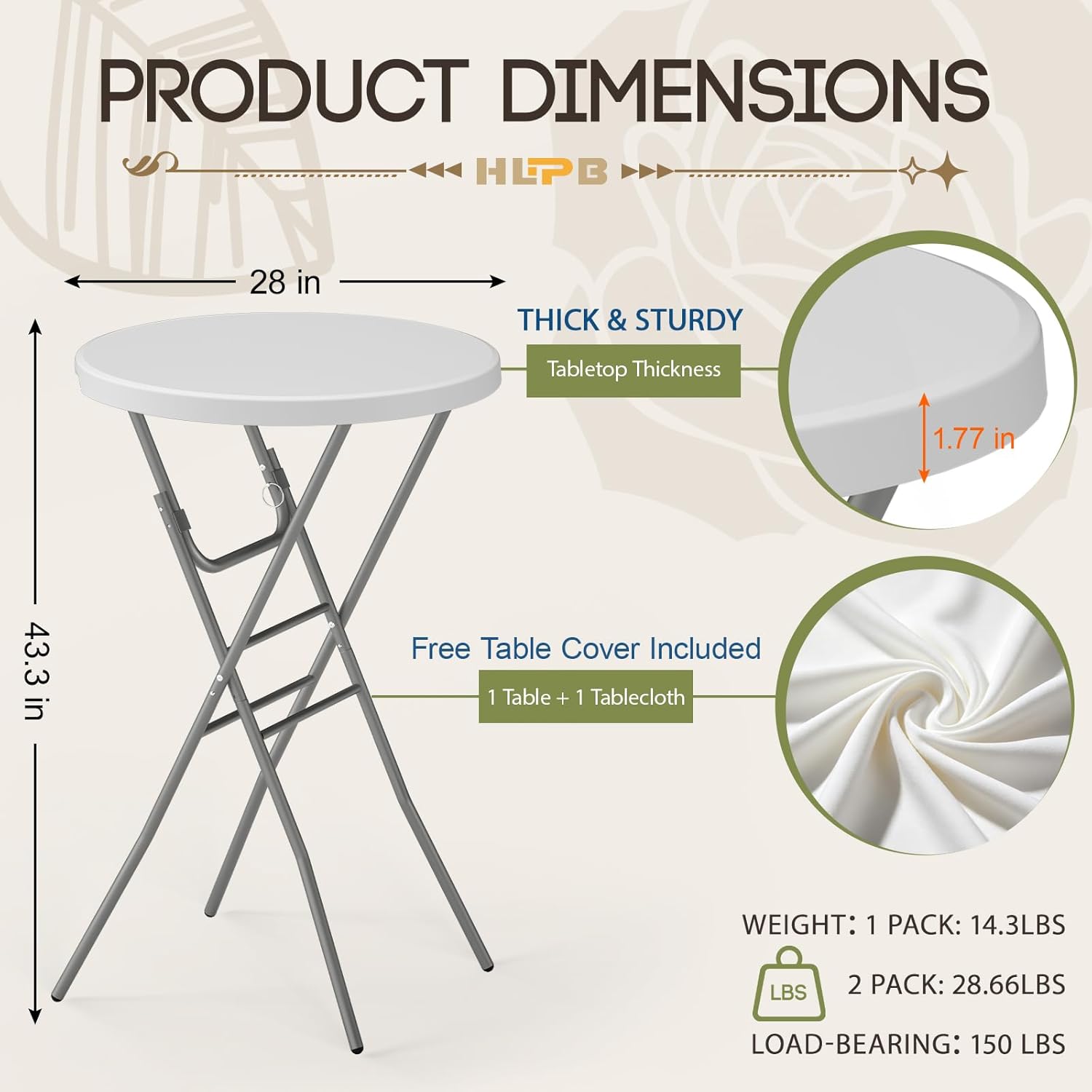 HLPB 28" Round Folding Table with Cover, Foldable Bar Height Table with Removable Legs, Cocktail Table with Handle and Locking Legs for Parties, Patio, Backyard, Wedding, Dining, White