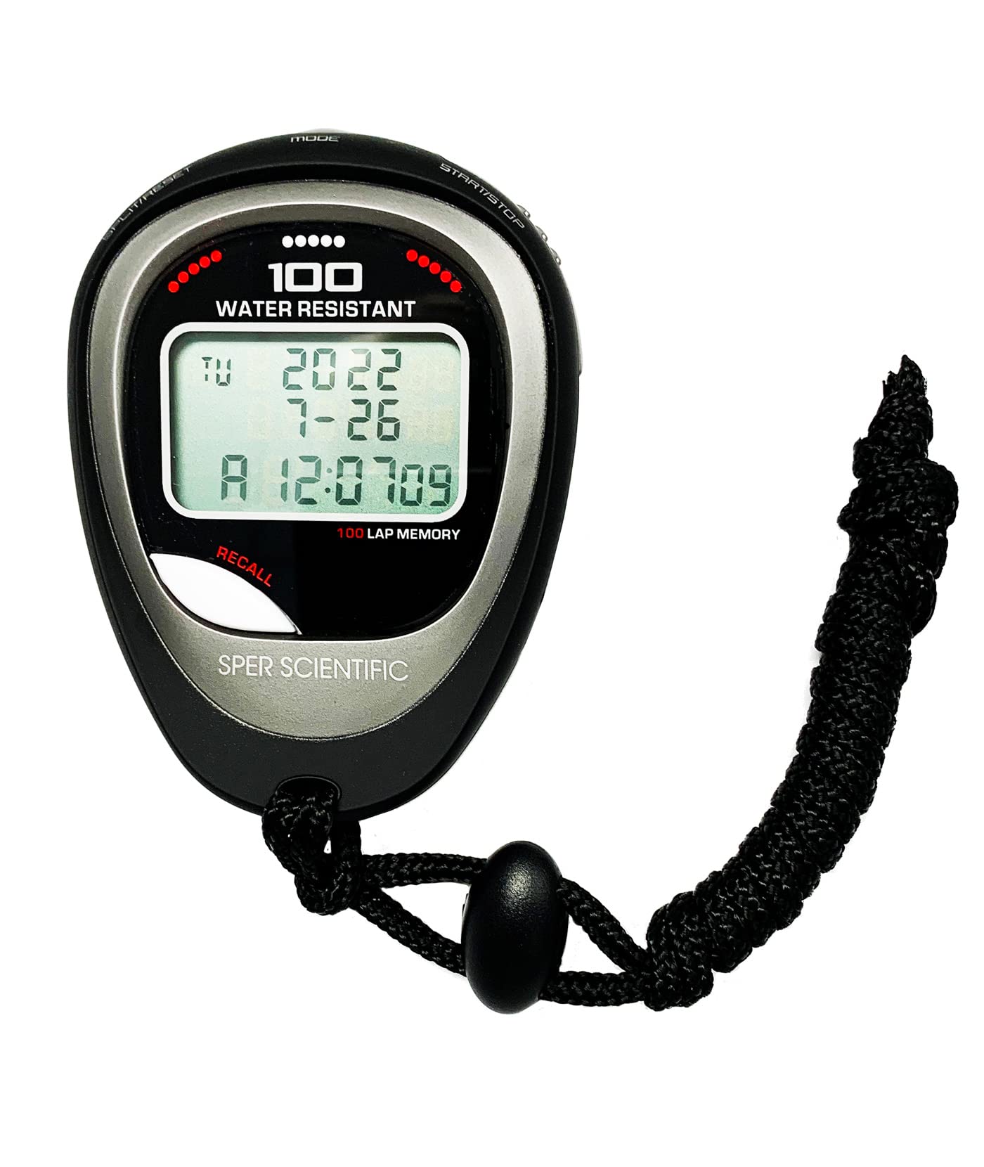 Sper Scientific 100 Memory Water and Shock Resistant Stopwatch 810036A - Stopwatch/Timer with 100 Split/Lap Memory, 20-Hour Countdown, 4 Timing Modes, Pacer, Clock/Calendar, Belt Clip & Lanyard-image-2