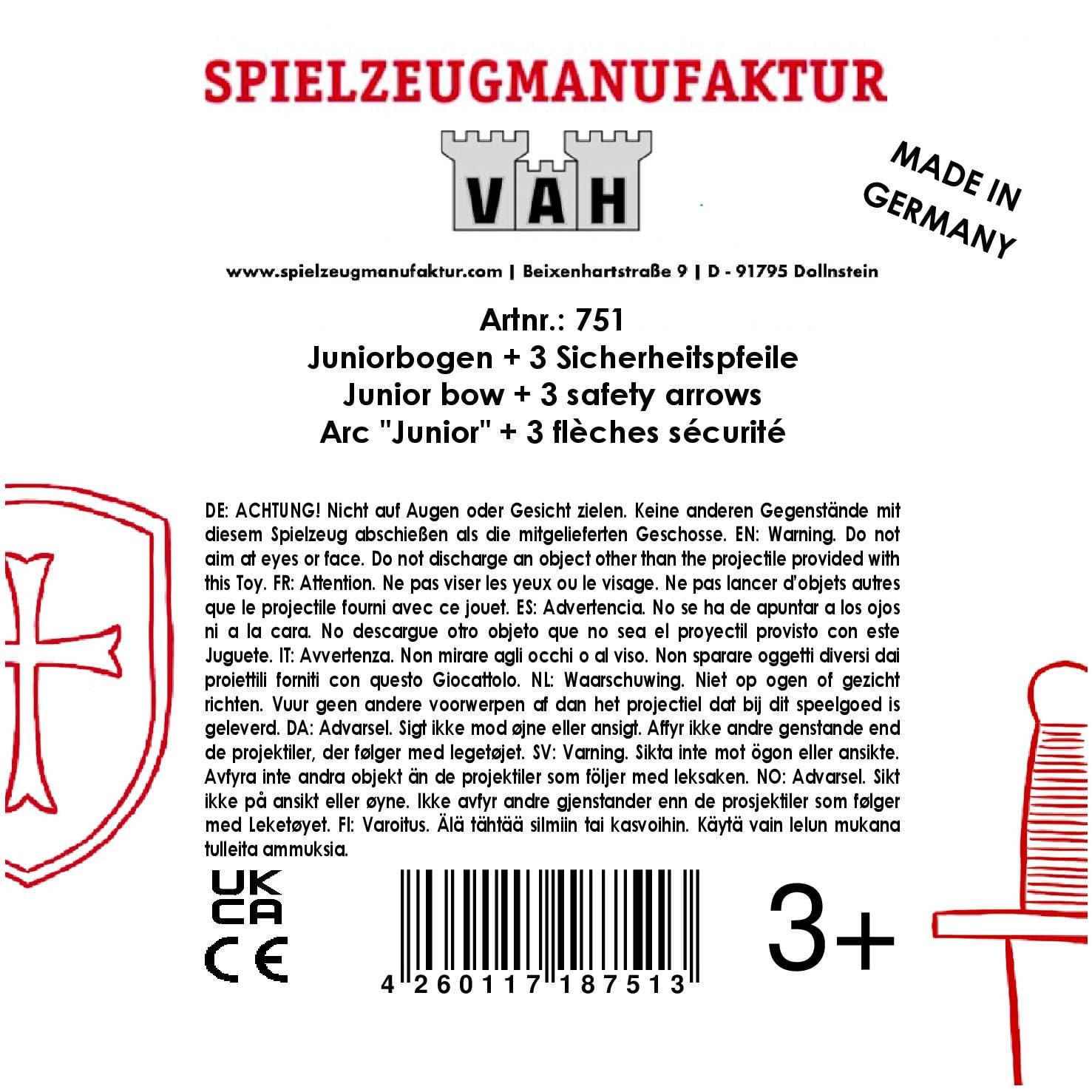 VAH - Stabiler Kinder- und Junior- Bogen aus Eschen-Holz inkl. 3 Saugnapf-Pfeilen [Ideal zum Bogeschiessen Lernen | echtes Handwerk | Made in Germany]