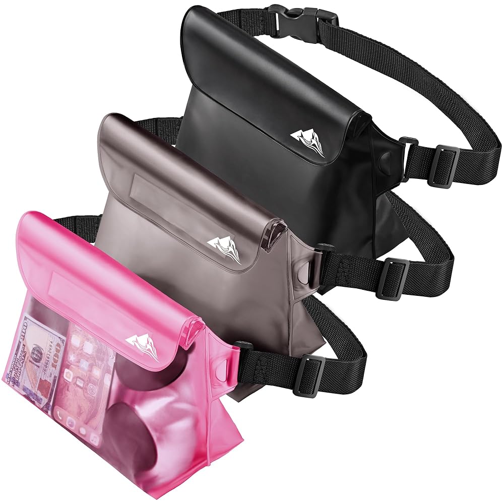 HEETA 3-Pack Waterproof Pouch with Waist Strap, Screen Touchable Dry Bag with Adjustable Belt for Phone Valuables for Kayaking Swimming Snorkeling Boating Fishing Surfing Beach (Black, Grey & Pink)