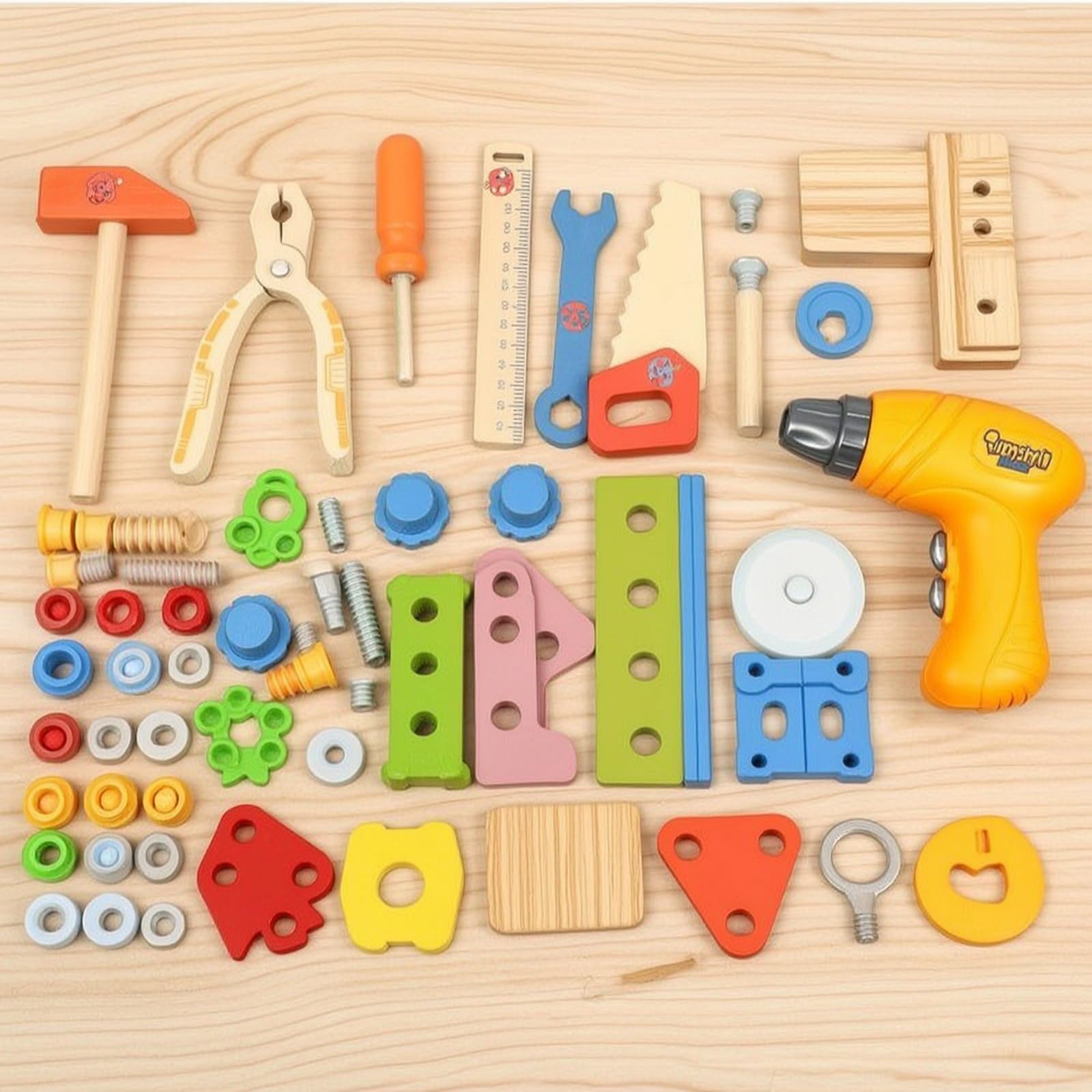 Baoblaze Cassetta Degli Attrezzi per Bambini Valigetta Attrezzi Banco Montaggio Martello Chiave Inglese Trapano Giocattolo in Legno E Plastica con Grafica