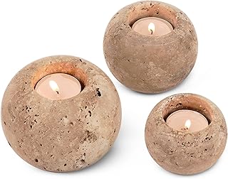 Radicaln Marble Tealight Candle Holder 4" Inch Travertine Handmade Decorative Votive Candle Holder for Wedding Centerpieces, Elegant Set of 3 Mini Candle Holders for Living Room