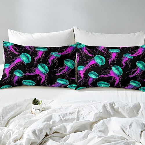 Miniatura 7 de Juego de sábanas de medusa verde azulado morado para niños y niñas, sábanas de animales marinos náuticos, sábana bajera bajo el agua de criaturas