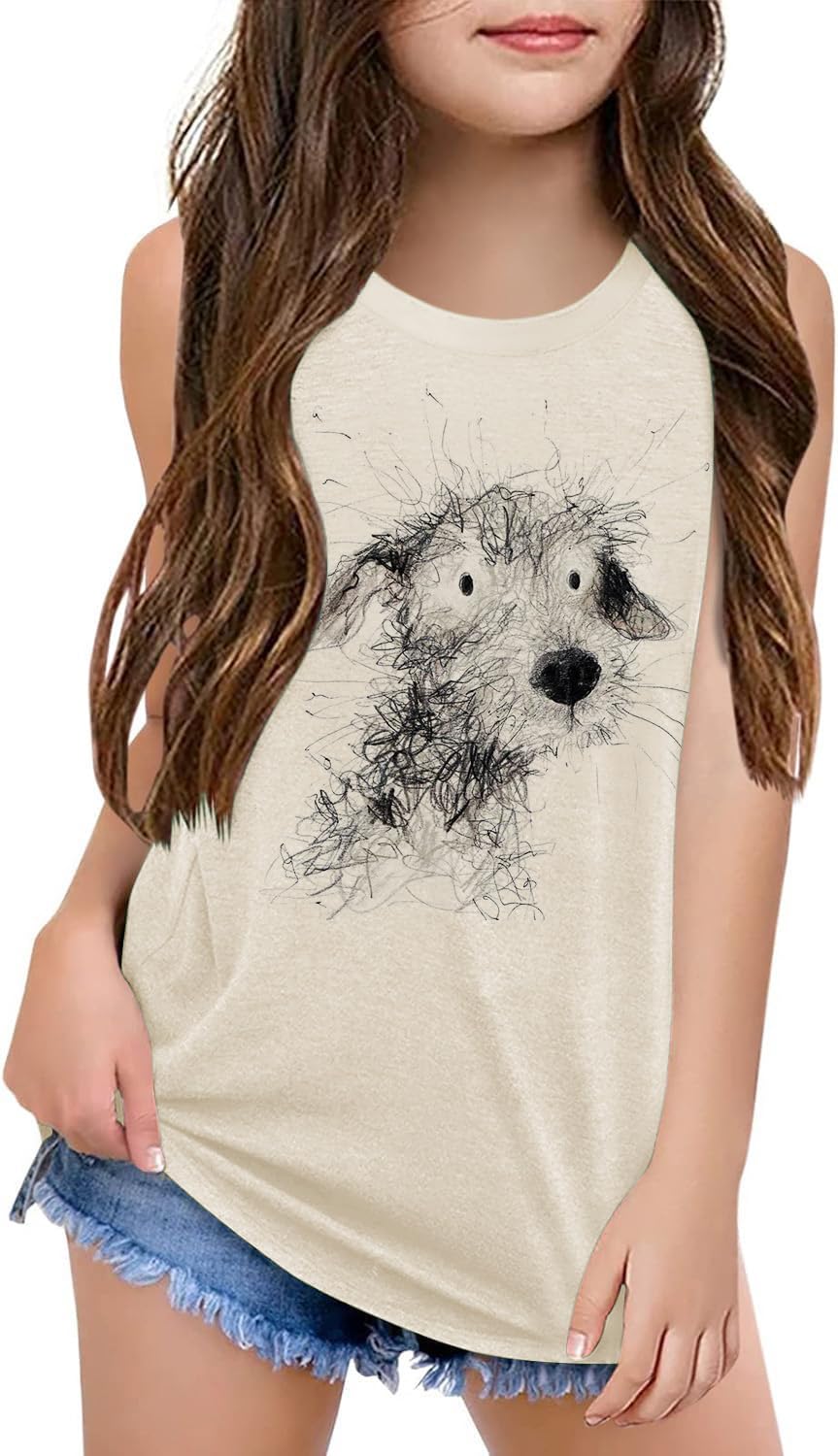 Qbily Tank Tops for Girls Kids Summer Casual Cute Sleeveless Crewneck Graphic T Shirt 5-14 Years