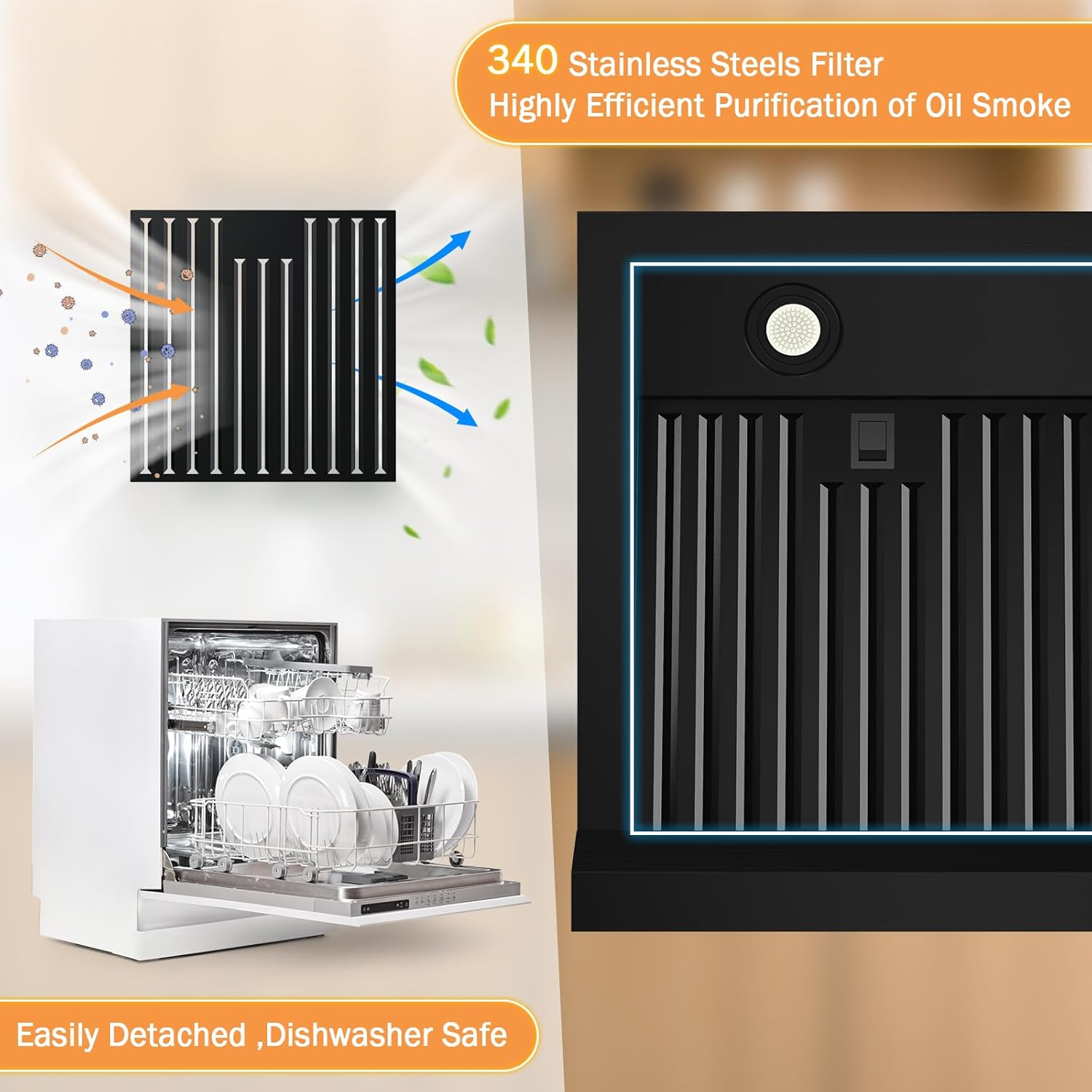 Under Cabinet Range Hood 30 Inch 1200 CFM, Black Stainless Steel, 4-Speed Kitchen Hood with Gesture Sensing & Touch Control Kitchen Stove Vent Hoods, Supports Only Duct Installation
