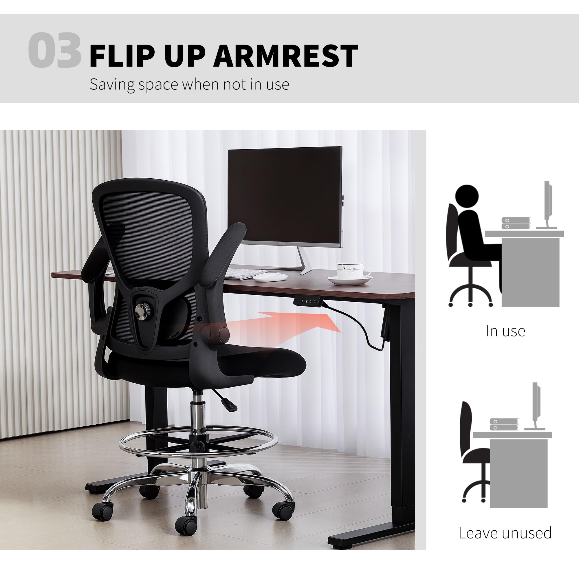 HOMCOM Drafting Chair with 4D Lumbar Support, Ergonomic Mesh Tall Office Chair with Flip-up Armrests and Adjustable Footrest, 360 Degree Swivel Task Stool for Standing Desk, Home Office, Black