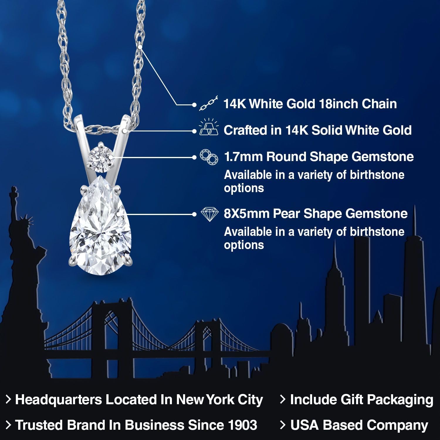 Gem Stone King 14K White Gold White Moissanite and Lab Grown Diamond Pendant Necklace for Women | 1.04 Cttw | Gemstone Birthstone | Pear Shape 8X5MM | With 18 Inch Chain - Image 2