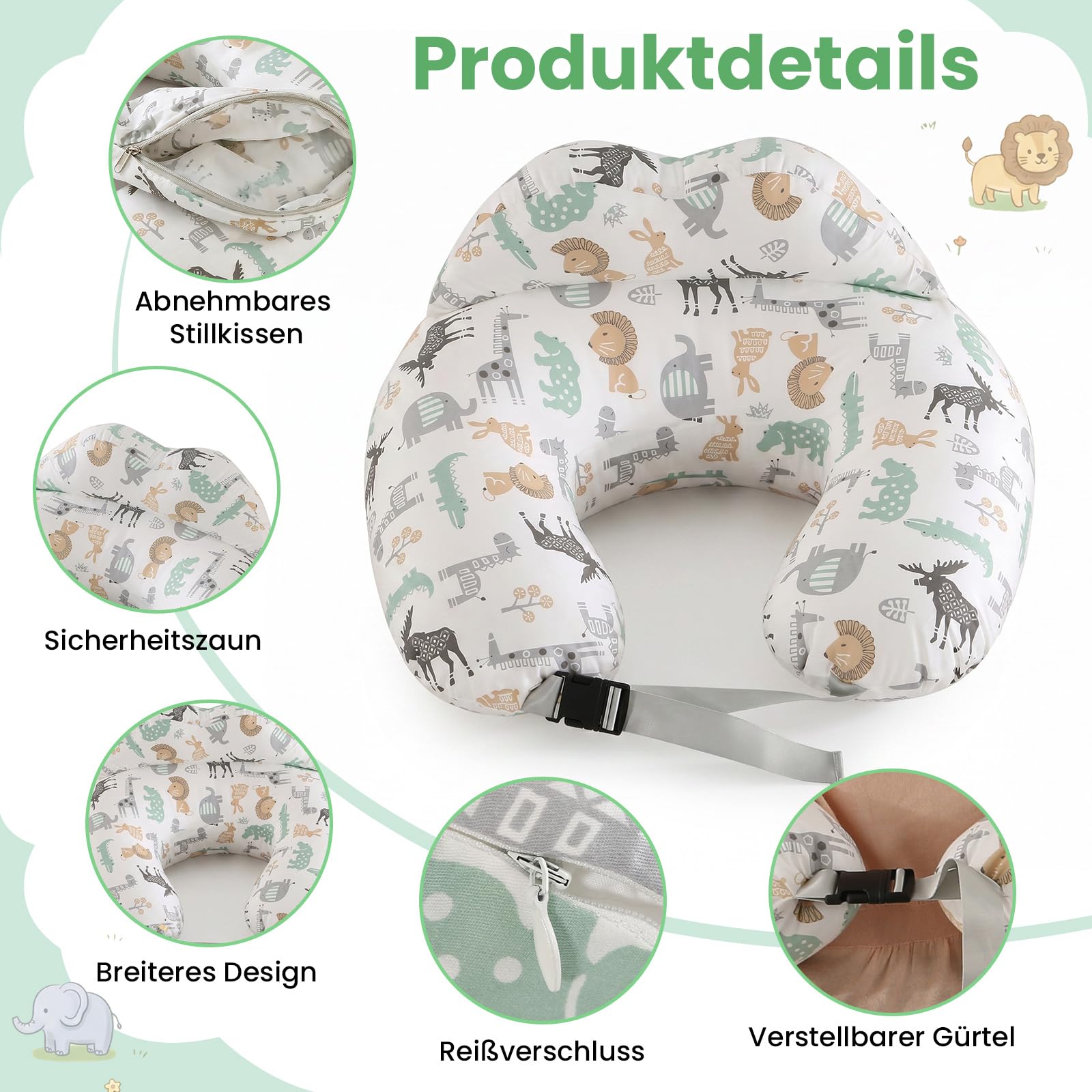 SHANNA Stillkissen XXL, Flaschenfütterung Still Kissen, Multifunktionales Nursing Breastfeeding Pillow mit Waschbarem Bezug aus 100% Baumwolle, Verstellbare Taillengurtunterstützung(Waldtiere)