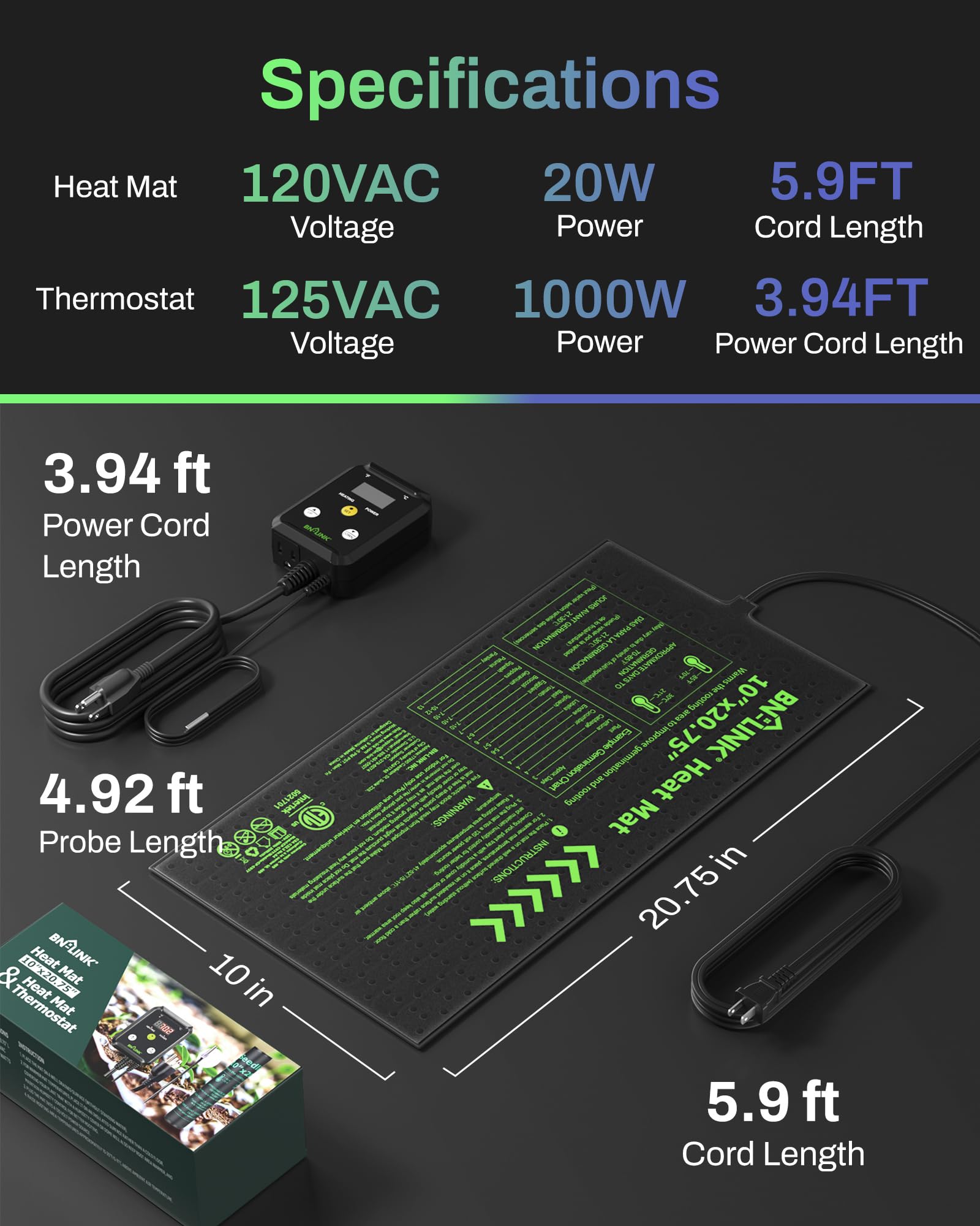 BN-LINK Seedling Heat Mat with Thermostat Controller Combo Set, 10" x 20.75" Plant Heating Mat for Seed Starting with Temperature Control for Indoor Growing, Plants Germination, ETL Listed - image 6
