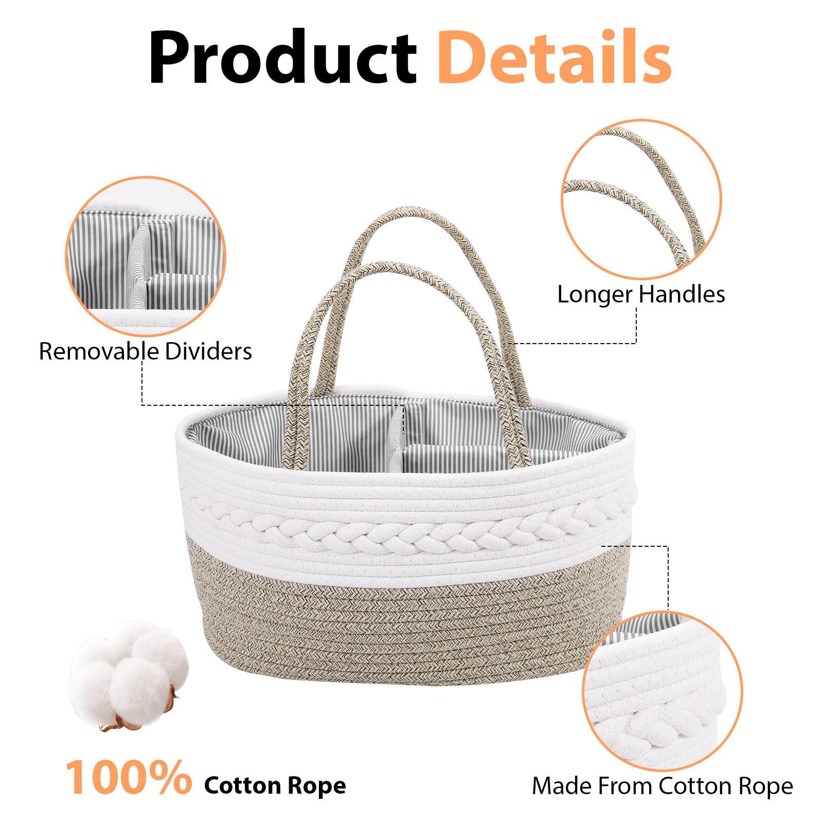 Cestino Porta Pannolini Neonato, Cesto Porta Oggetti in Corda di Cotone, Organizer Pannolini Fasciatoio con Maniglie e Scomparti, Contenitore Multiuso per Prodotti Bebè e Baby Shower