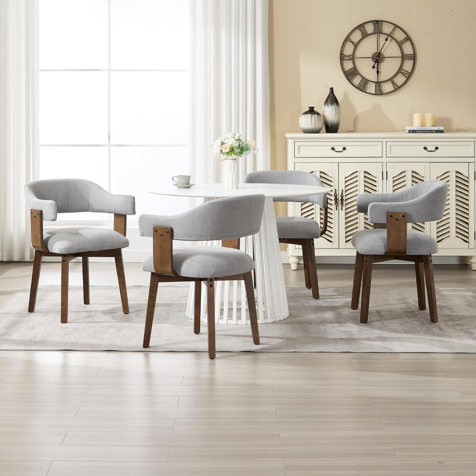 ROCITY Wooden Dining Chairs Set of 4 Modern Fabric Upholstered Dining Room Chairs with Curved Backrest and Walnut Legs for Kitchen,Living Room, Grey