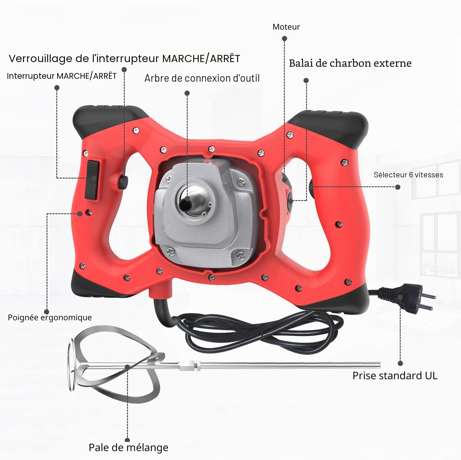 IMAYCC Mélangeur de mortier 2100 W, 270-930 tr/min, 6 vitesses, robinet à béton 220 V, tige spirale M14, mélangeur pour mortier Ø 120 mm, batteur manuel pour nourriture, plâtre, couleur