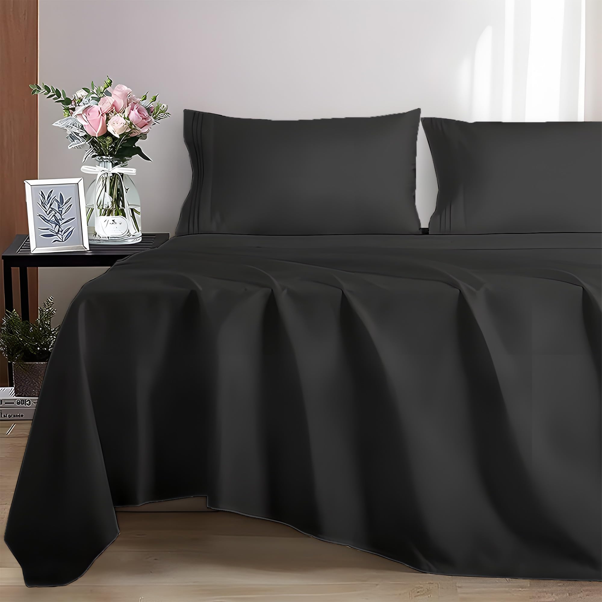 EverSoft Bedding 100% Egyptian cotton Flat Sheet, 400 Thread Count Ultra-Soft Long Staple Top Bed Sheet, Luxury Hotel Quality (Black, Single)