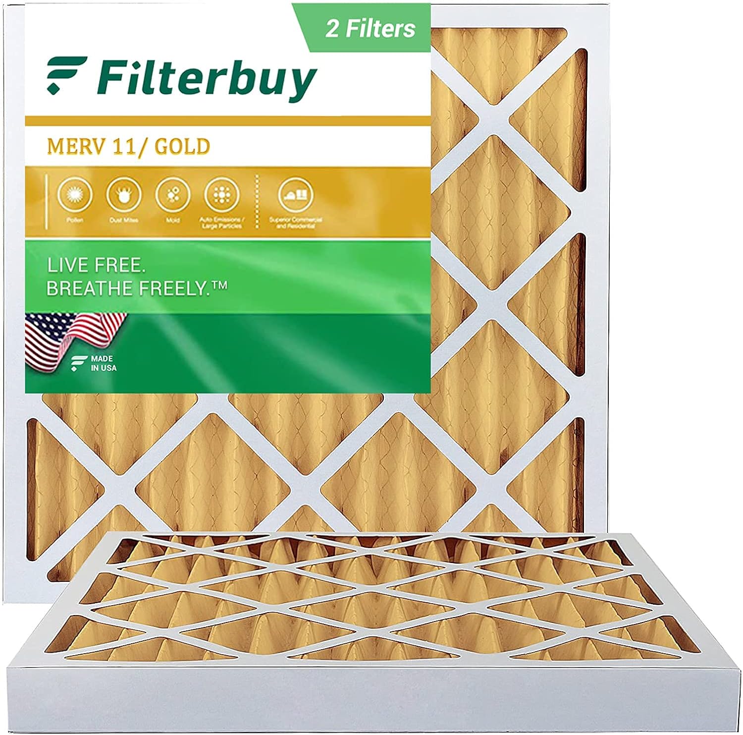 Filterbuy 14x14x2 Air Filter MERV 11, Pleated HVAC AC Furnace Filters (2Pack, Gold