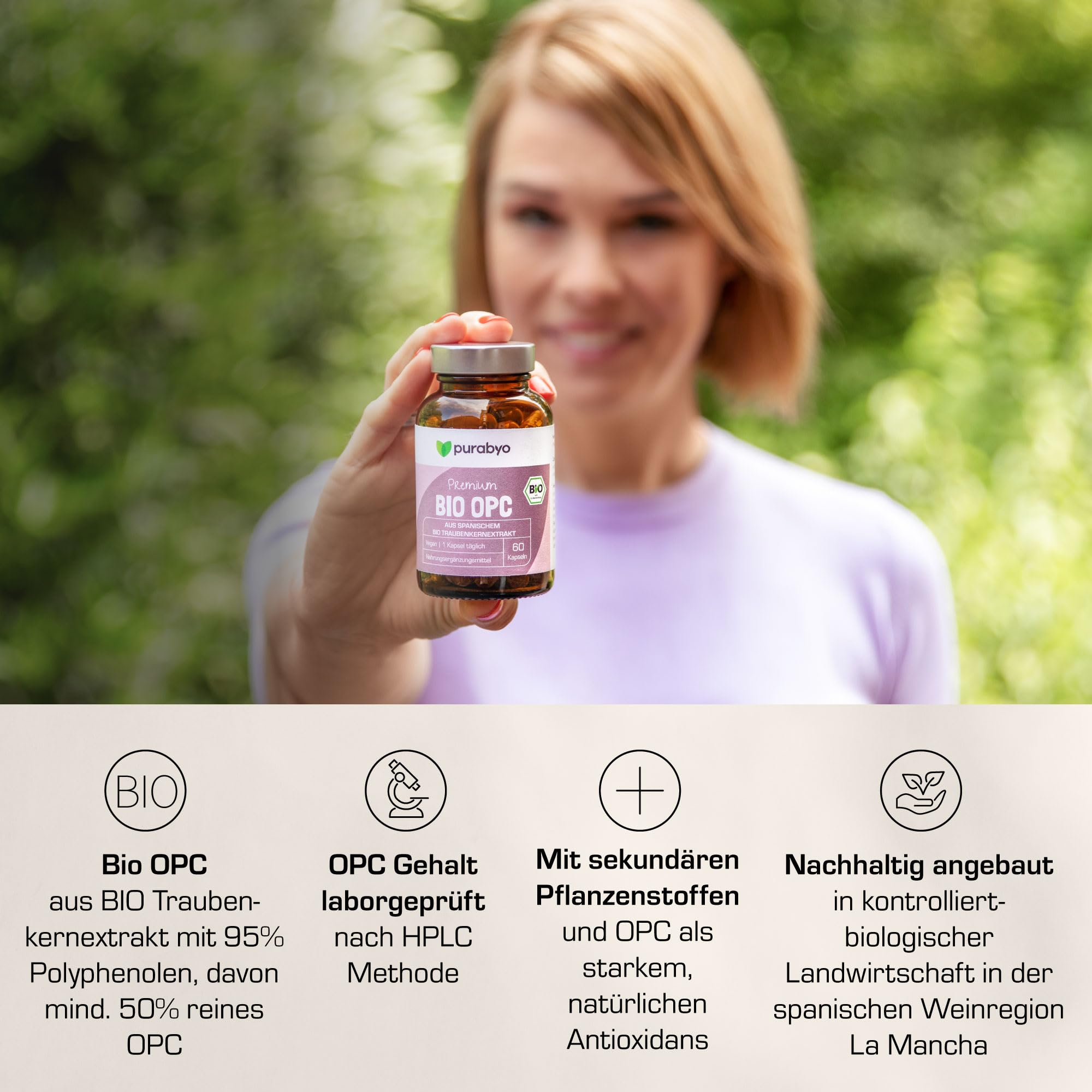 Purabyo OPC BIO Traubenkernextrakt | im Glas | 300mg OPC pro Kapsel (HPLC laborgeprüft) | Bio Anbau in Spanien | wasserextrahiert | OHNE Zusätze | vegan, laborgeprüft, in Deutschland hergestellt